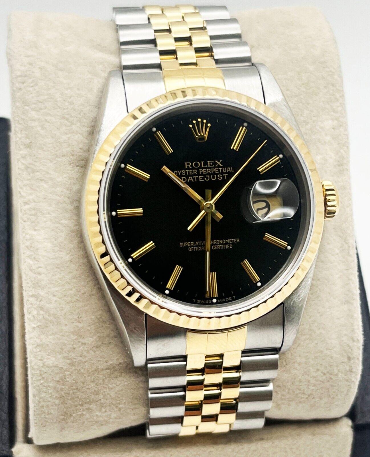 Style Number: 16233

Serial: X778***

Year: 1991
 
Model: Datejust
 
Case Material: Stainless Steel
 
Band: 18K Yellow Gold & Stainless Steel
 
Bezel: 18K Yellow Gold
 
Dial: Black
 
Face: Sapphire Crystal
 
Case Size: 36mm
 
Includes: 
-Elegant