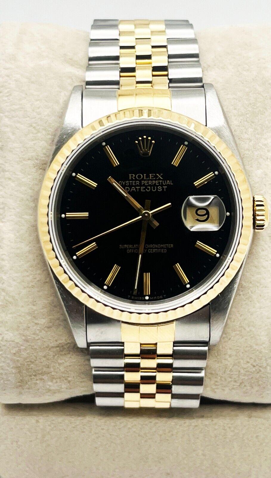 Rolex Datejust 16233 Black Dial 18K Yellow Gold Stainless Steel In Excellent Condition For Sale In San Diego, CA
