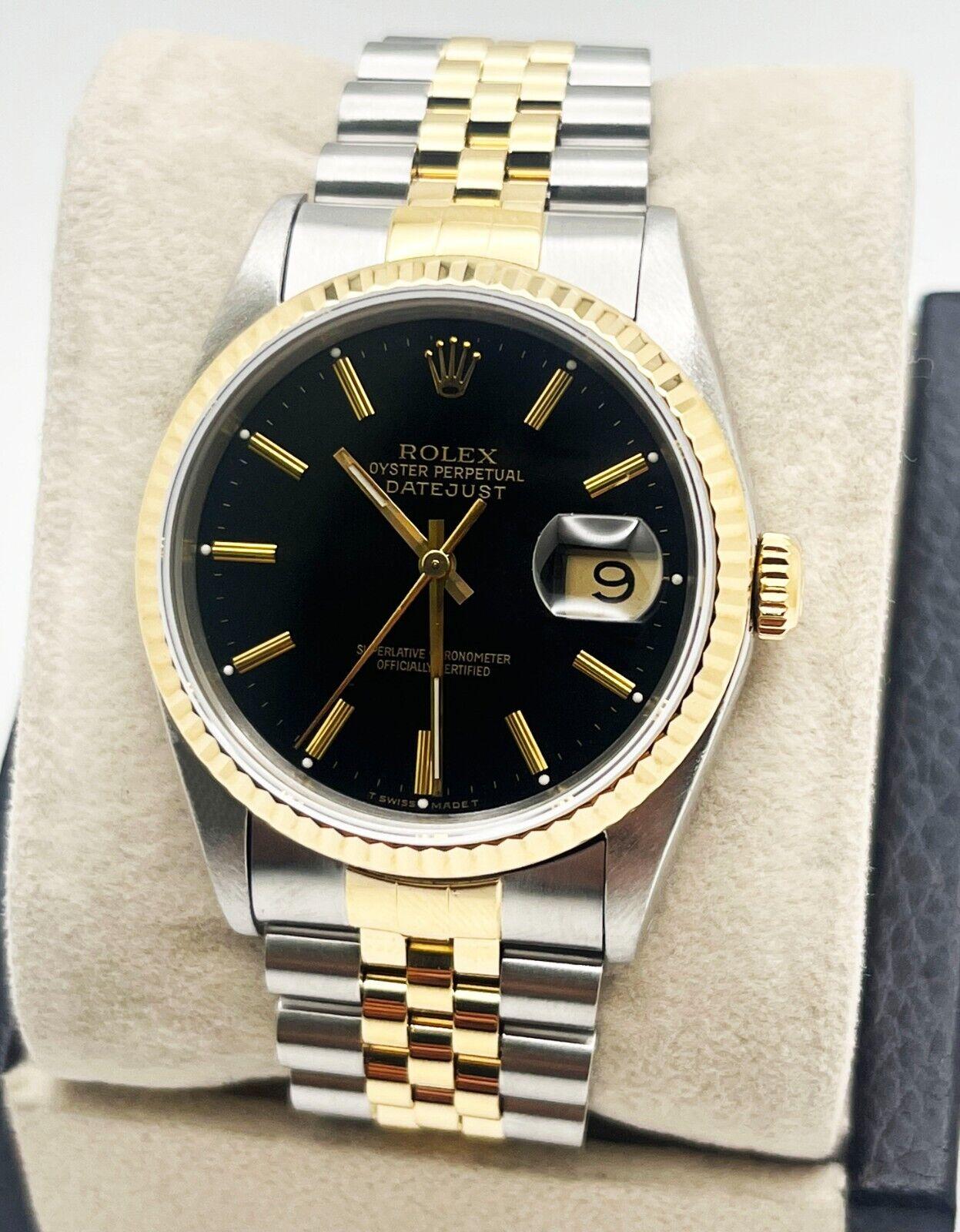 Men's Rolex Datejust 16233 Black Dial 18K Yellow Gold Stainless Steel For Sale