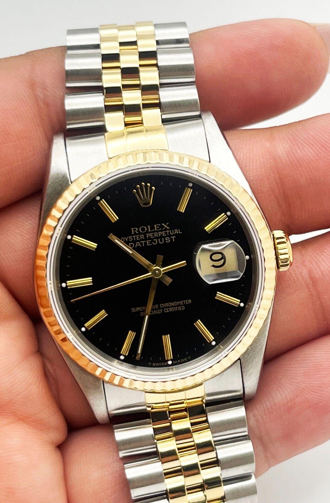 Men's Rolex Datejust 16233 Black Dial 18K Yellow Gold Stainless Steel For Sale