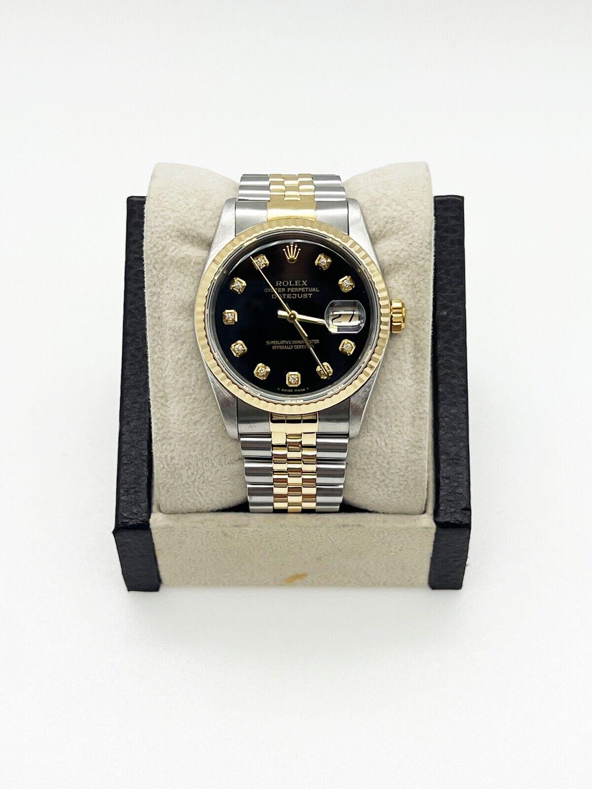 
Style Number: 16233



Serial: E396***



Year: 1990

 

Model: Datejust

 

Case Material: Stainless Steel

 

Band: 18K Yellow Gold & Stainless Steel

 

Bezel: 18K Yellow Gold

 

Dial: Custom Black Diamond Dial

 

Face: Sapphire Crystal

