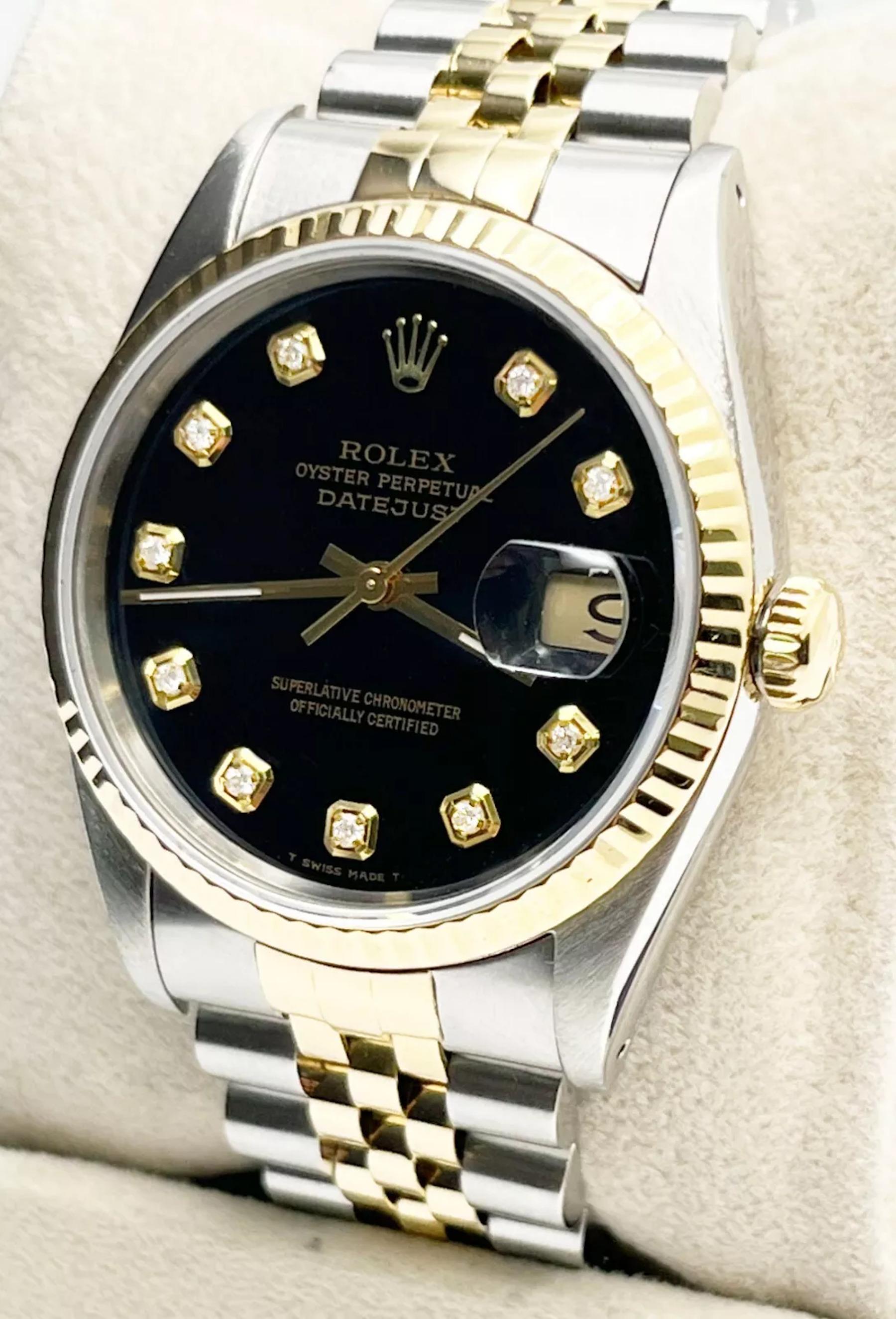 Rolex Datejust 16233 Black Diamond Dial 18K Yellow Gold Stainless Steel In Excellent Condition In San Diego, CA