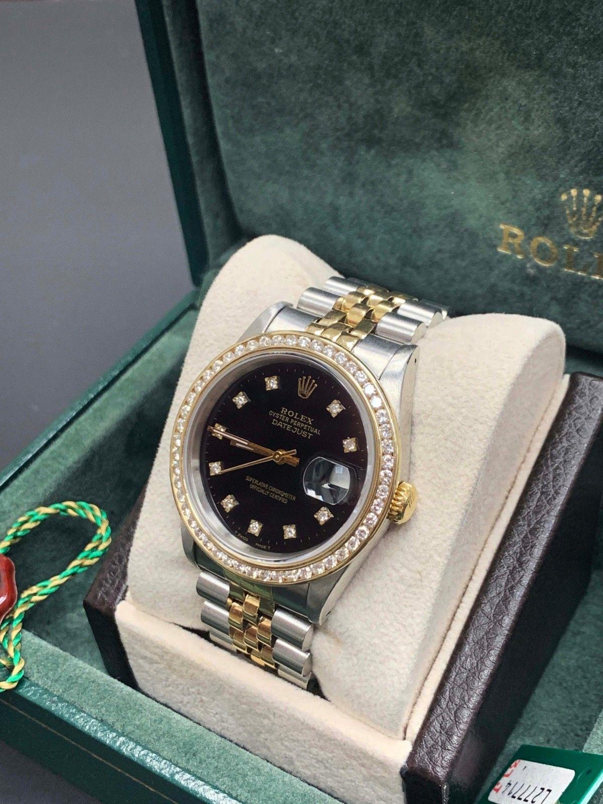Style Number: 16233 
Serial: L277***
Model: Datejust 
Case Material: Stainless Steel
Band: 18K Yellow Gold & Stainless Steel 
Bezel: Custom Diamond Bezel 
Dial: Custom Diamond Dial 
Face: Sapphire Crystal 
Case Size: 36mm
Includes: 
-Rolex Box &