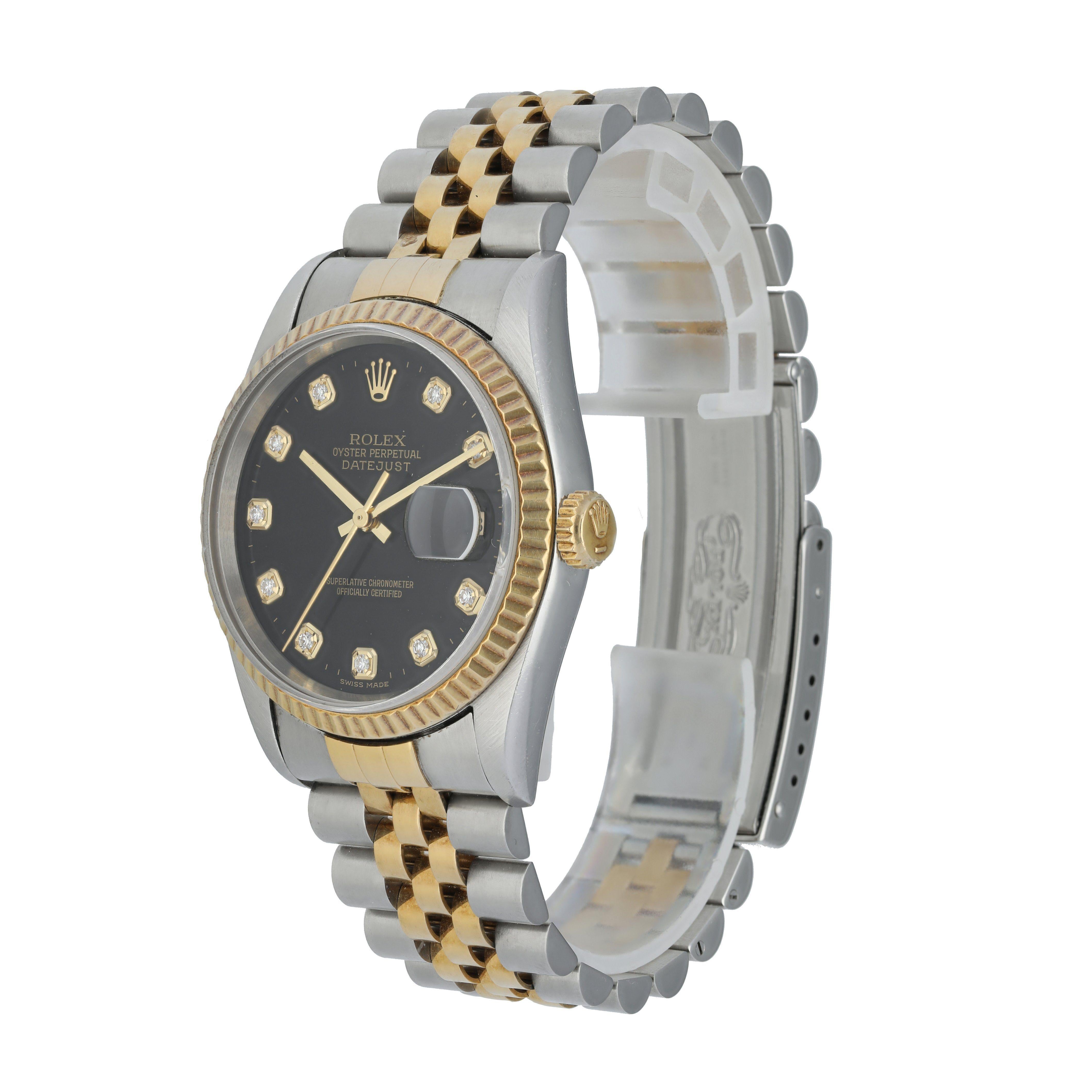 Rolex Datejust 16233 Men's Watch.
36mm stainless steel case with yellow gold fluted bezel.
Black dial with gold hands and factory set diamond hour markers.
Minute markers on the outer dial.
Date display at the 3 o'clock position.
Stainless steel