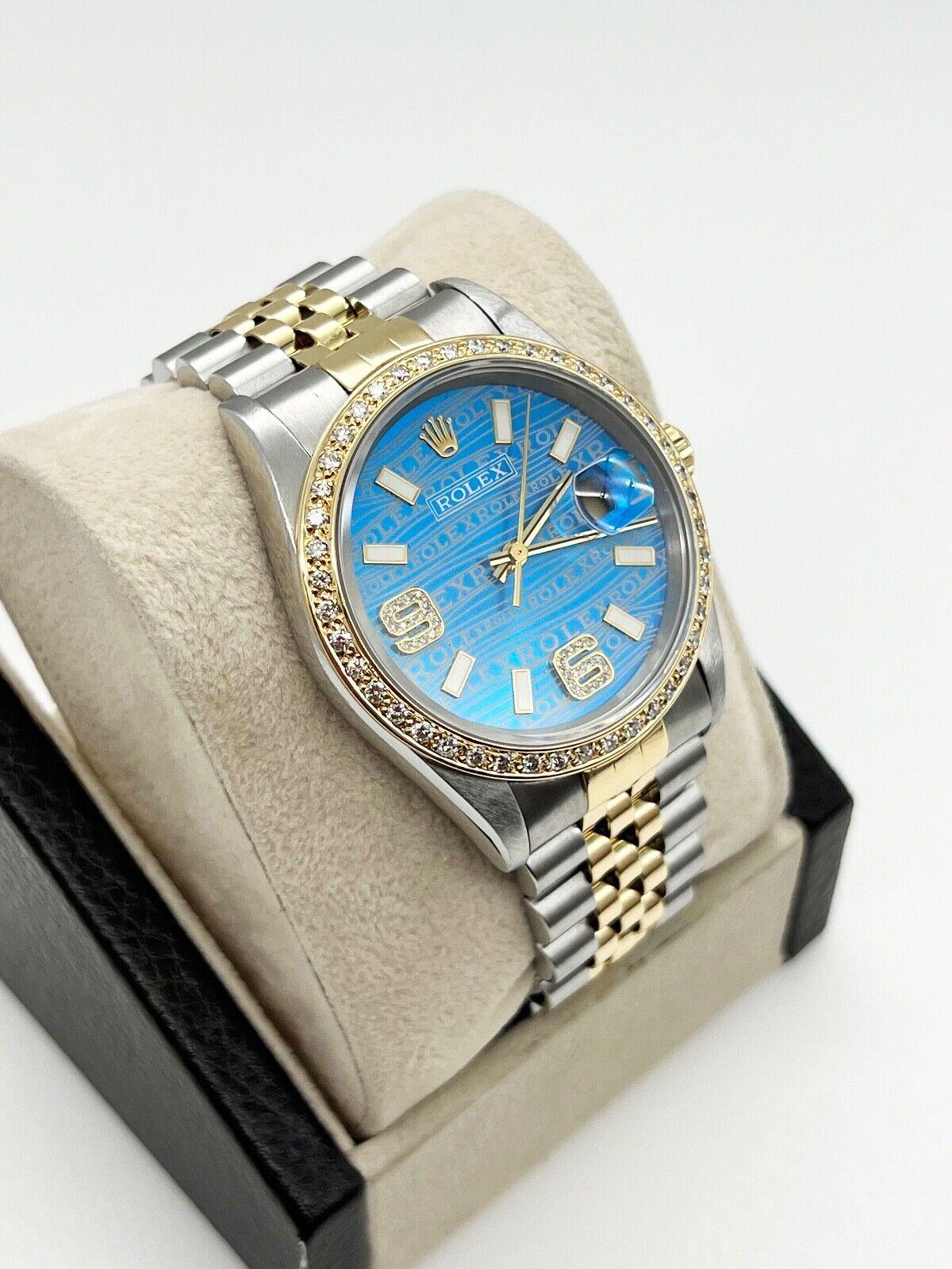 Style Number: 16233

Serial: U784***

Year: 1997

Model: Datejust

Case Material: Stainless Steel

Band: 18K Yellow Gold & Stainless Steel 

Bezel: Custom Diamond Bezel 

Dial: Custom Blue Diamond Dial 

Face: Sapphire Crystal

Case Size: