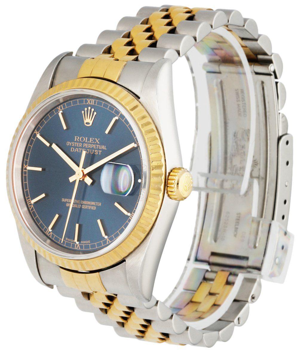 
Rolex Datejust 16233 Men Watch. 36mm Stainless Steel case. 18K Yellow Gold fluted bezel. Blue dial with gold luminous hands and index hour markers. Minute markers on the outer dial. Date display at the 3 o'clock position. Stainless Steel & 18K
