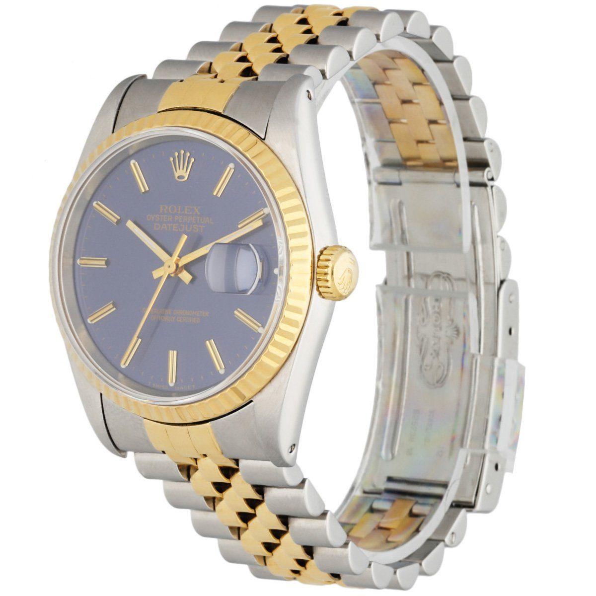 Rolex Datejust 16233 Blue Dial Men's Watch. 36mm Stainless Steel case with 18K Yellow Gold fluted bezel. Blue dial with luminous gold hands and index hour markers. Minute markers on the outer dial. Date display at the 3 o'clock position. Stainless