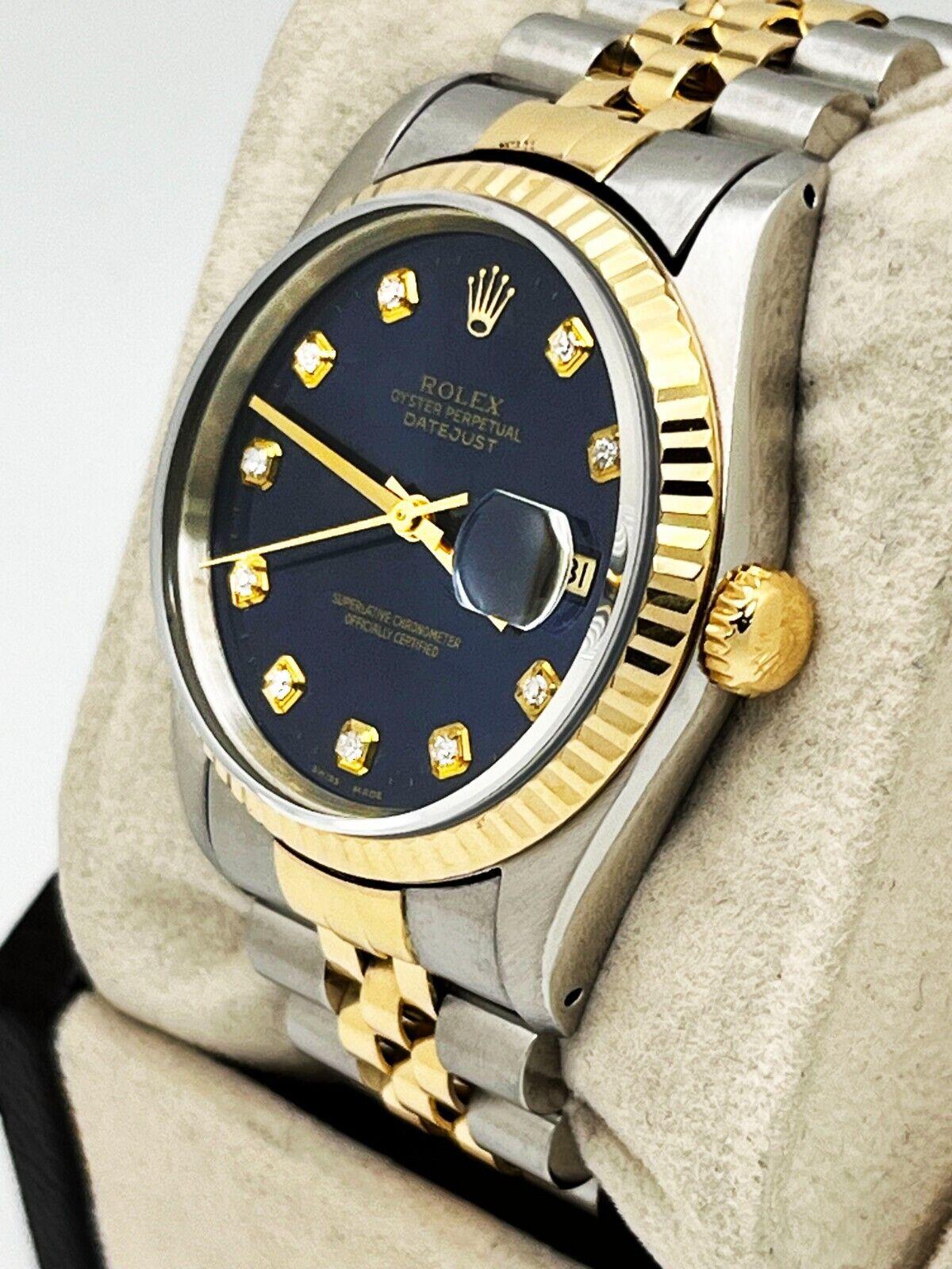 Rolex Datejust 16233 Blue Diamond Dial 18K Yellow Gold Stainless Steel In Excellent Condition For Sale In San Diego, CA