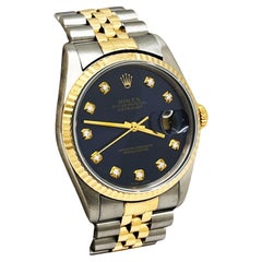 Vintage Rolex Datejust 16233 Blue Factory Diamond Dial 18K Yellow Gold Stainless Steel