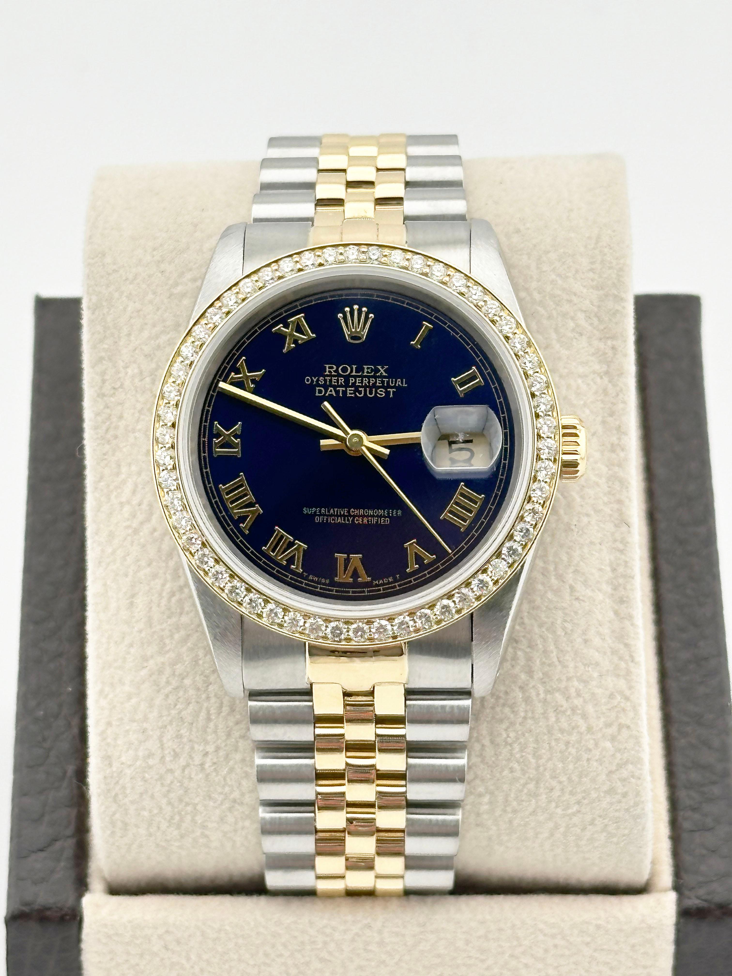 Men's Rolex Datejust 16233 Blue Roman Dial 18K Yellow Gold Stainless