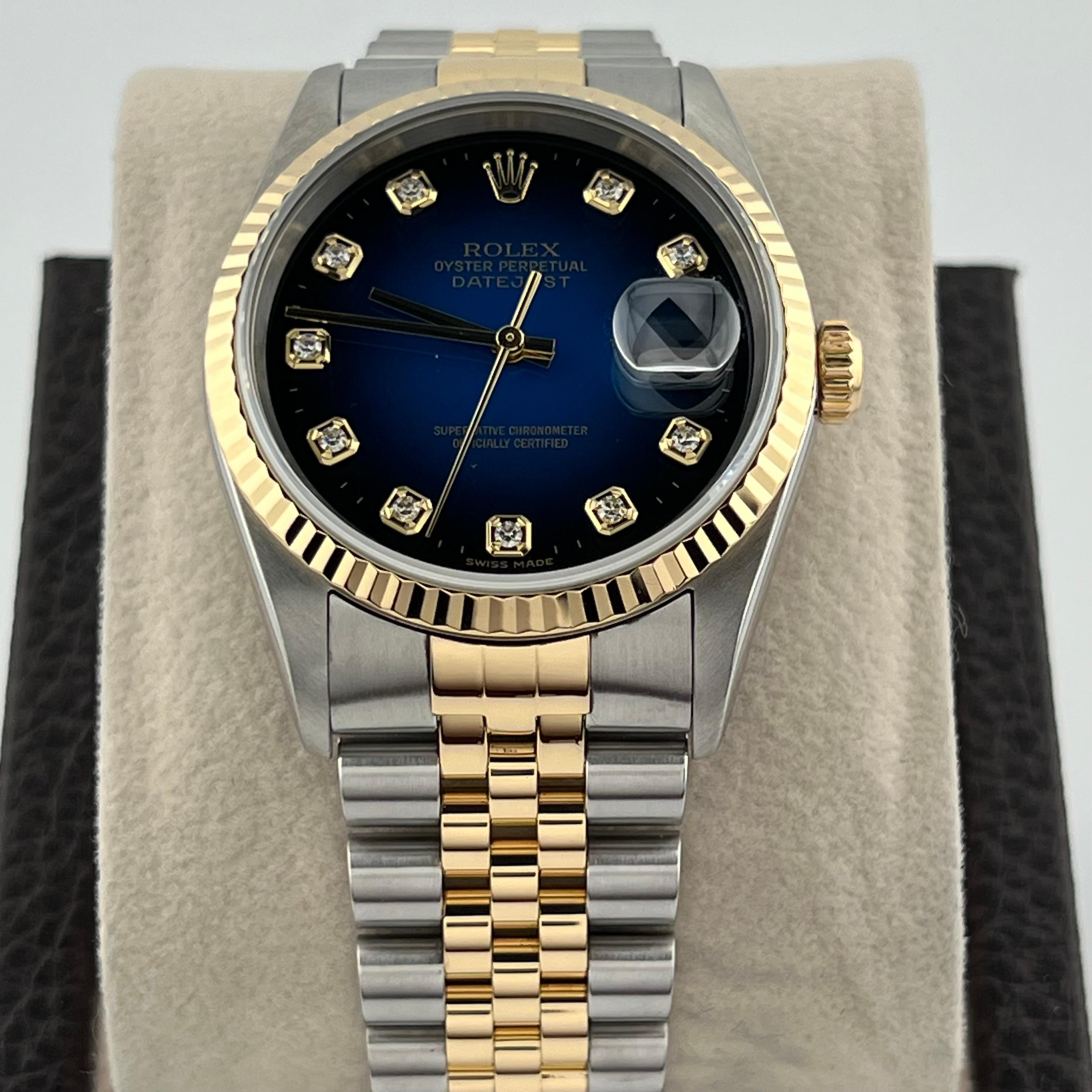 Rolex Datejust 16233 Blue Vignette Diamond Dial 18k Gold Steel Box Papers 2004 For Sale 5