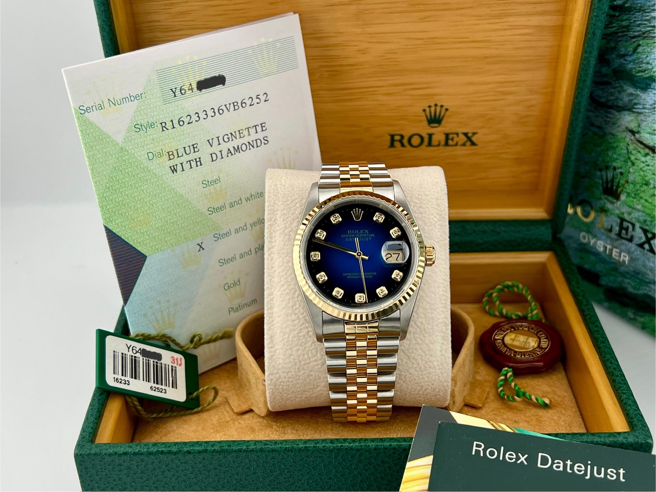 Rolex Datejust 16233 Blue Vignette Diamond Dial 18k Gold Steel Box Papers 2004 For Sale 6