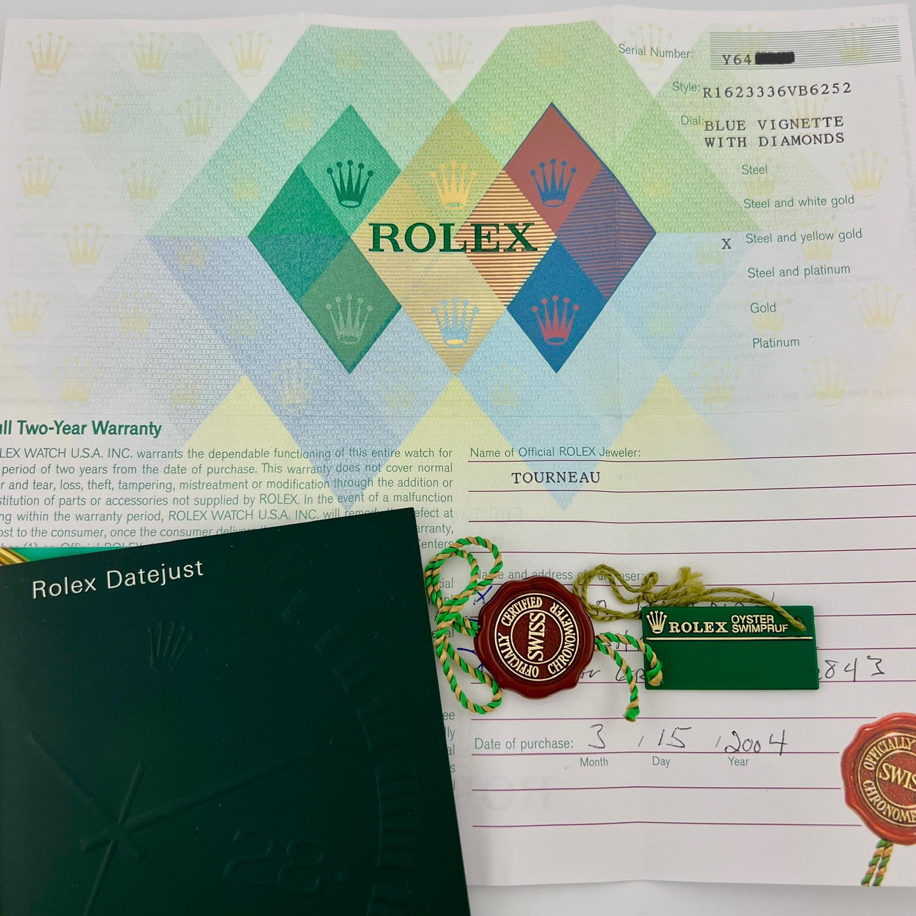Style Number: 16233

Serial: Y64****

Year: 2004
 
Model: Rolex Datejust
 
Case Material: Stainless Steel
 
Band:  18k Yellow Gold & Stainless Steel Jubilee
  
Bezel: 18k Yellow Gold Fluted  
  
Dial: Factory Blue Vignette Diamond Dial
 
Crystal: