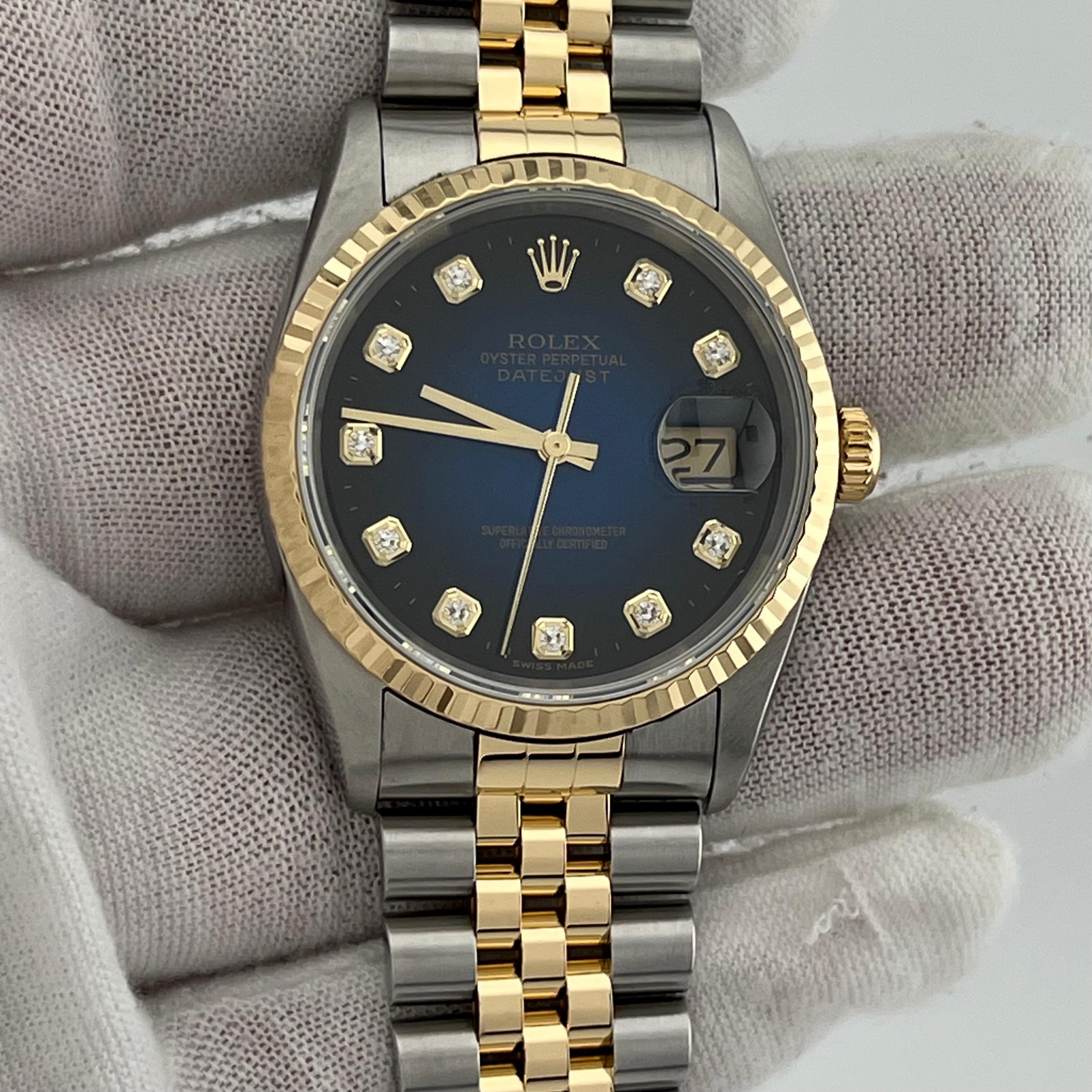Round Cut Rolex Datejust 16233 Blue Vignette Diamond Dial 18k Gold Steel Box Papers 2004 For Sale