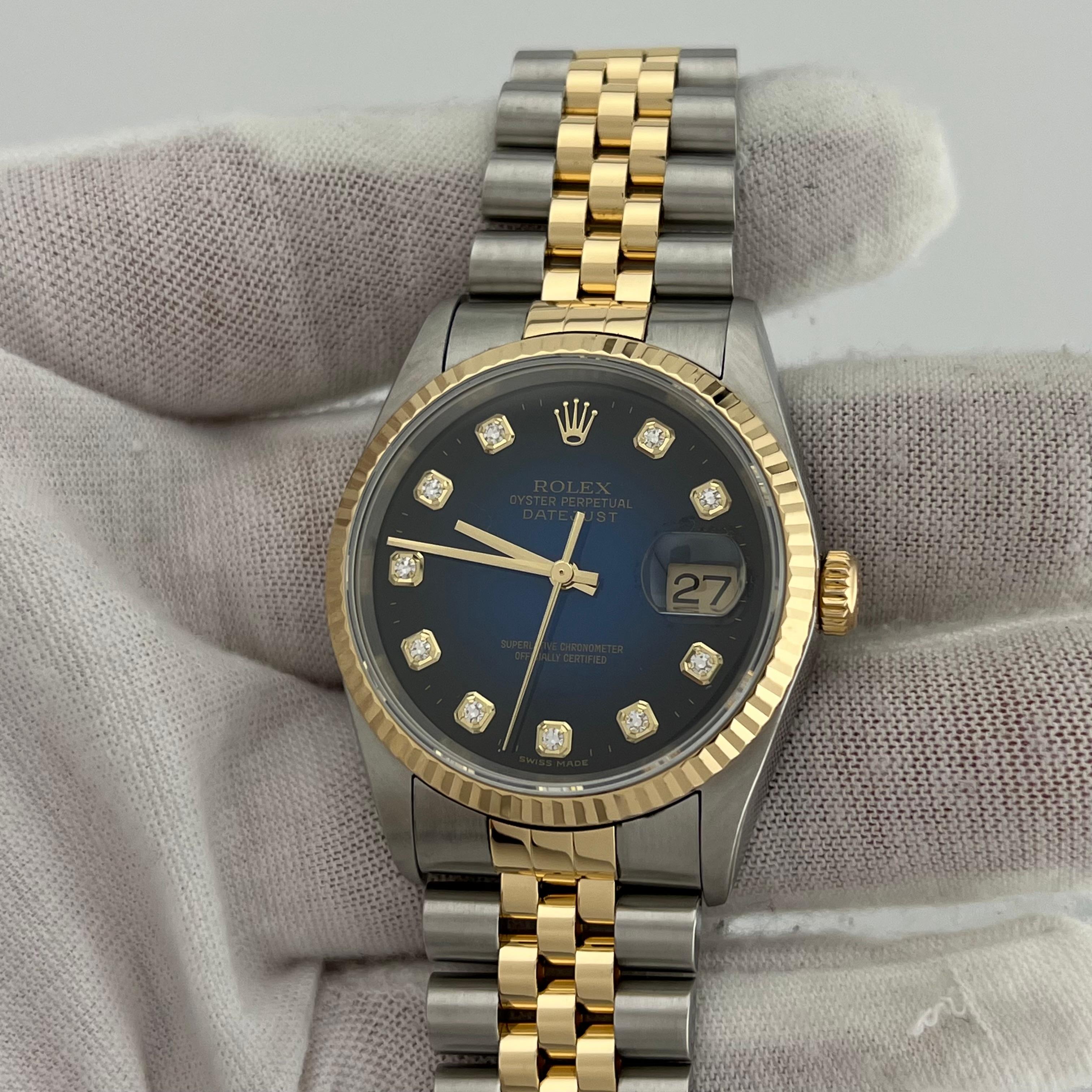 Rolex Datejust 16233 Blue Vignette Diamond Dial 18k Gold Steel Box Papers 2004 In Good Condition For Sale In San Diego, CA