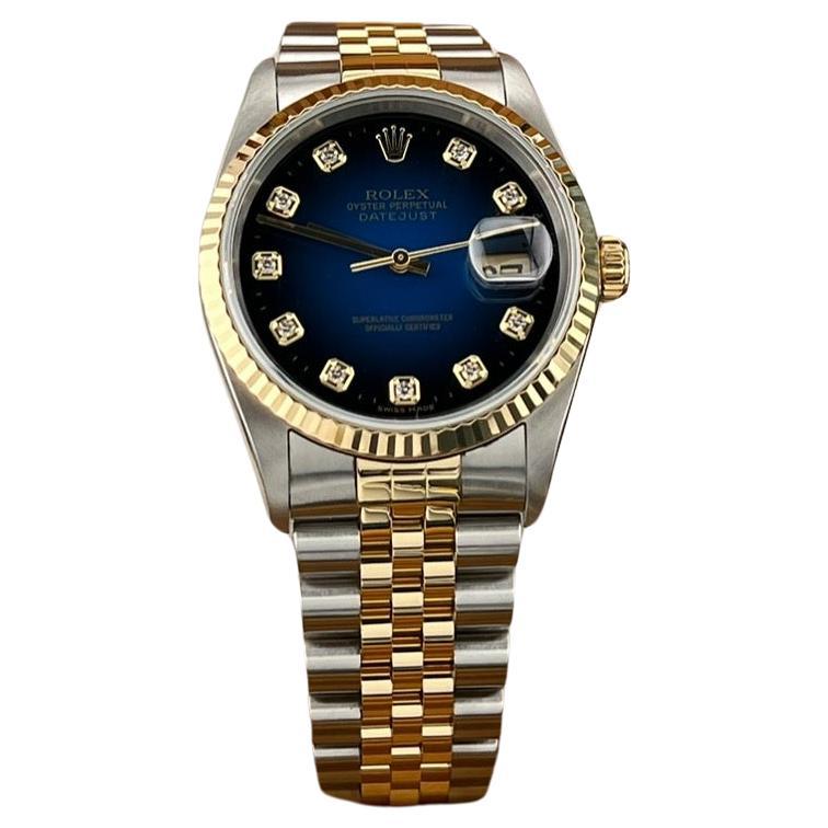 Rolex Datejust 16233 Blue Vignette Diamond Dial 18k Gold Steel Box Papers 2004 For Sale