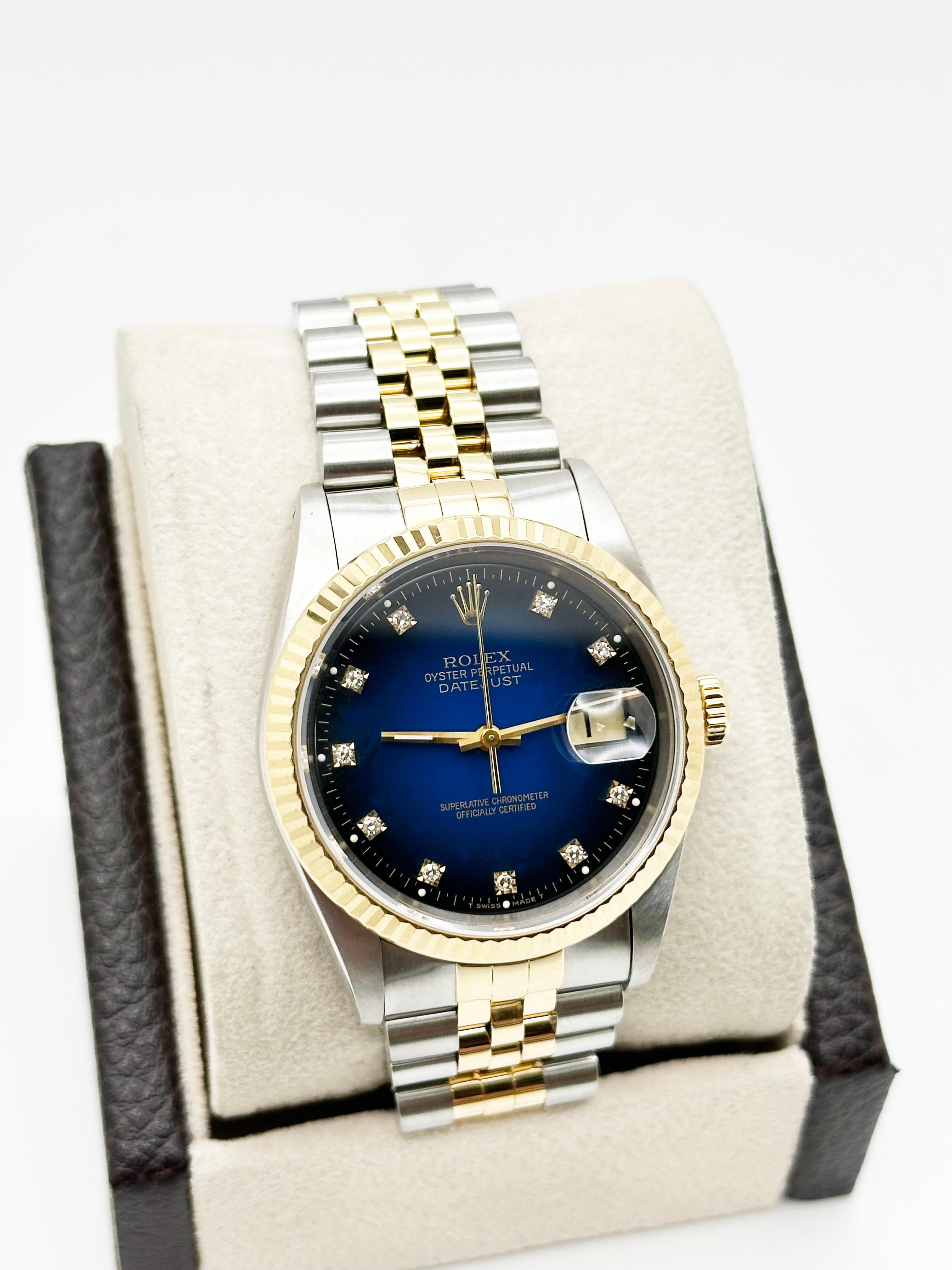 Rolex Datejust 16233 Quadrante Blu Vignette Diamante Oro Giallo 18K Acciaio 36mm