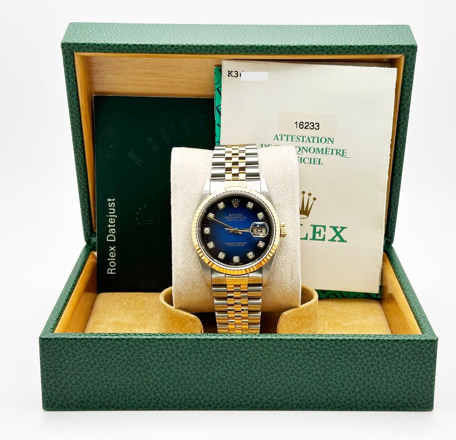 Rolex Datejust 16233 Quadrante Blu Vignette Diamante Oro Giallo 18K Acciaio Scatola Documenti In condizioni ottime in vendita a San Diego, CA