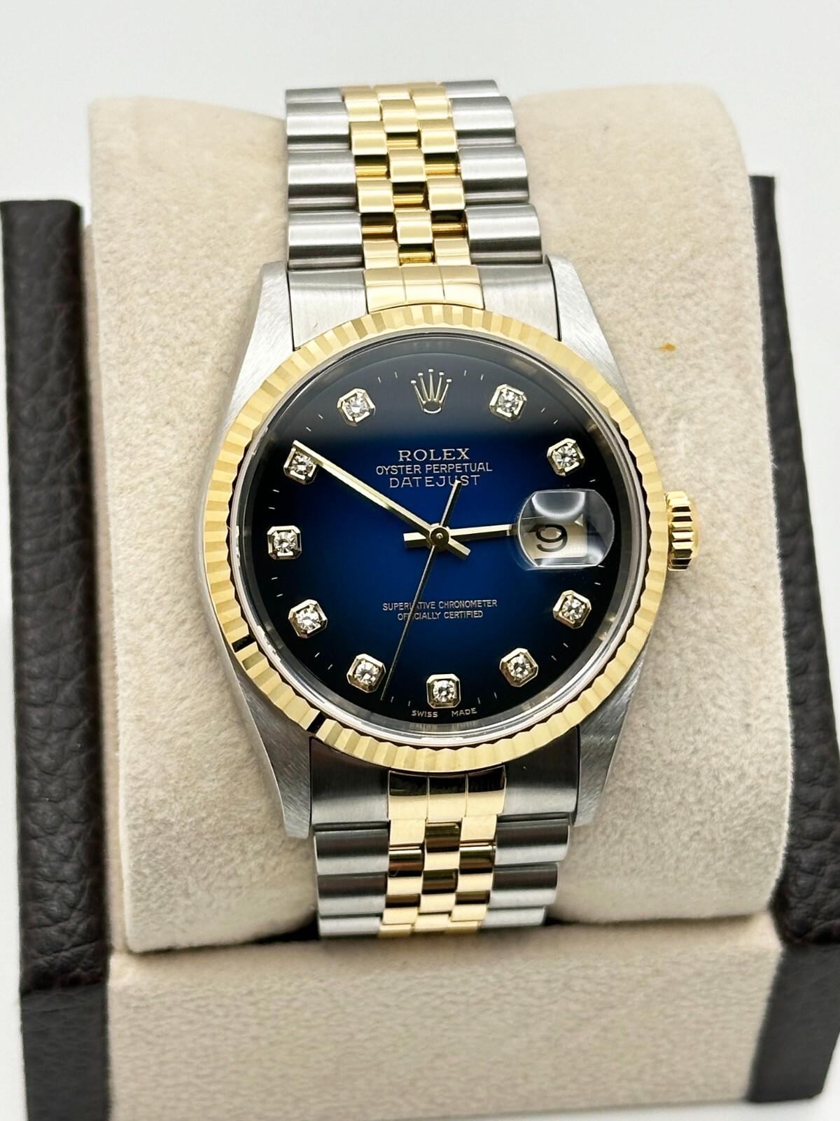 Rolex Datejust 16233 Blau Vignette Diamant Zifferblatt 18K Gelbgold Stahl Box Papiere