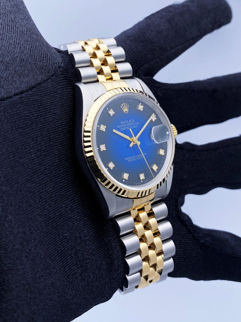 Rolex Datejust 16233 Blue Vignette Diamond Dial Mens Watch In Excellent Condition For Sale In Great Neck, NY