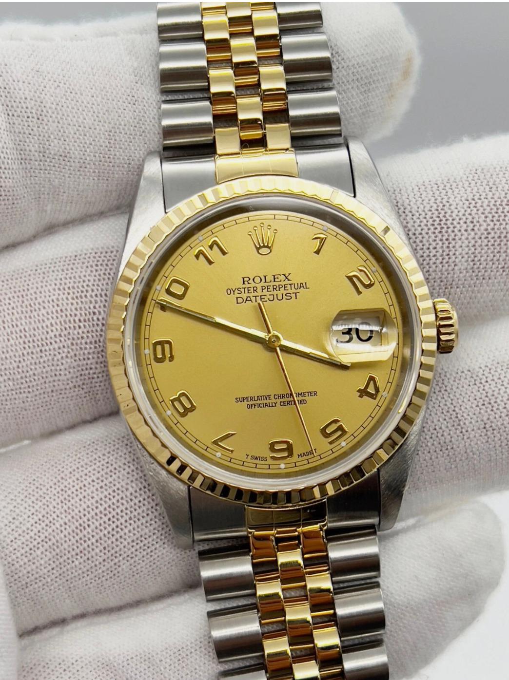 Rolex Datejust 16233 Champagner Arabisch Zifferblatt 18K Gelbgold Edelstahl Box Papiere im Zustand „Hervorragend“ im Angebot in San Diego, CA