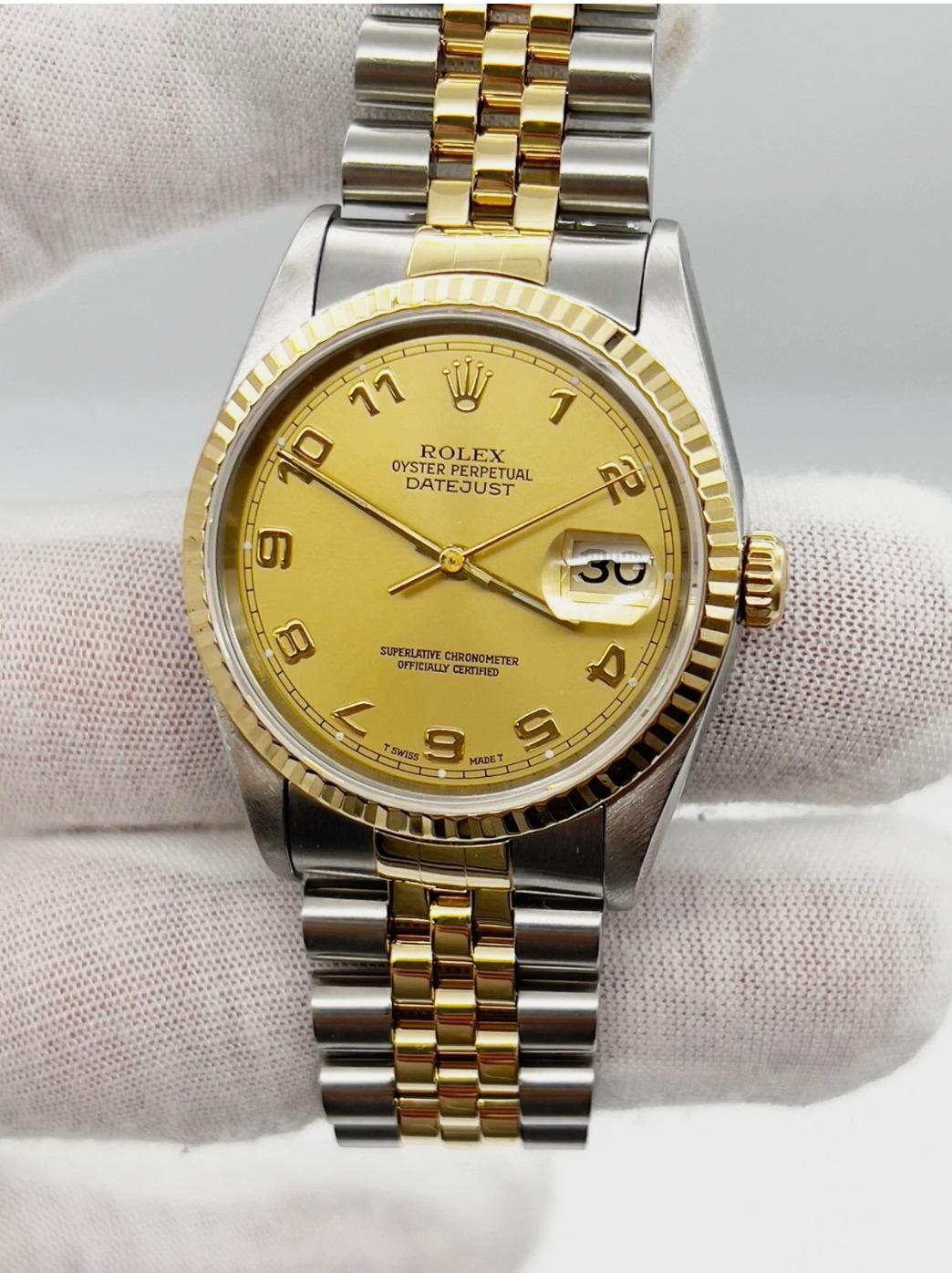 Rolex Datejust 16233 Champagner Arabisch Zifferblatt 18K Gelbgold Edelstahl Box Papiere Damen im Angebot