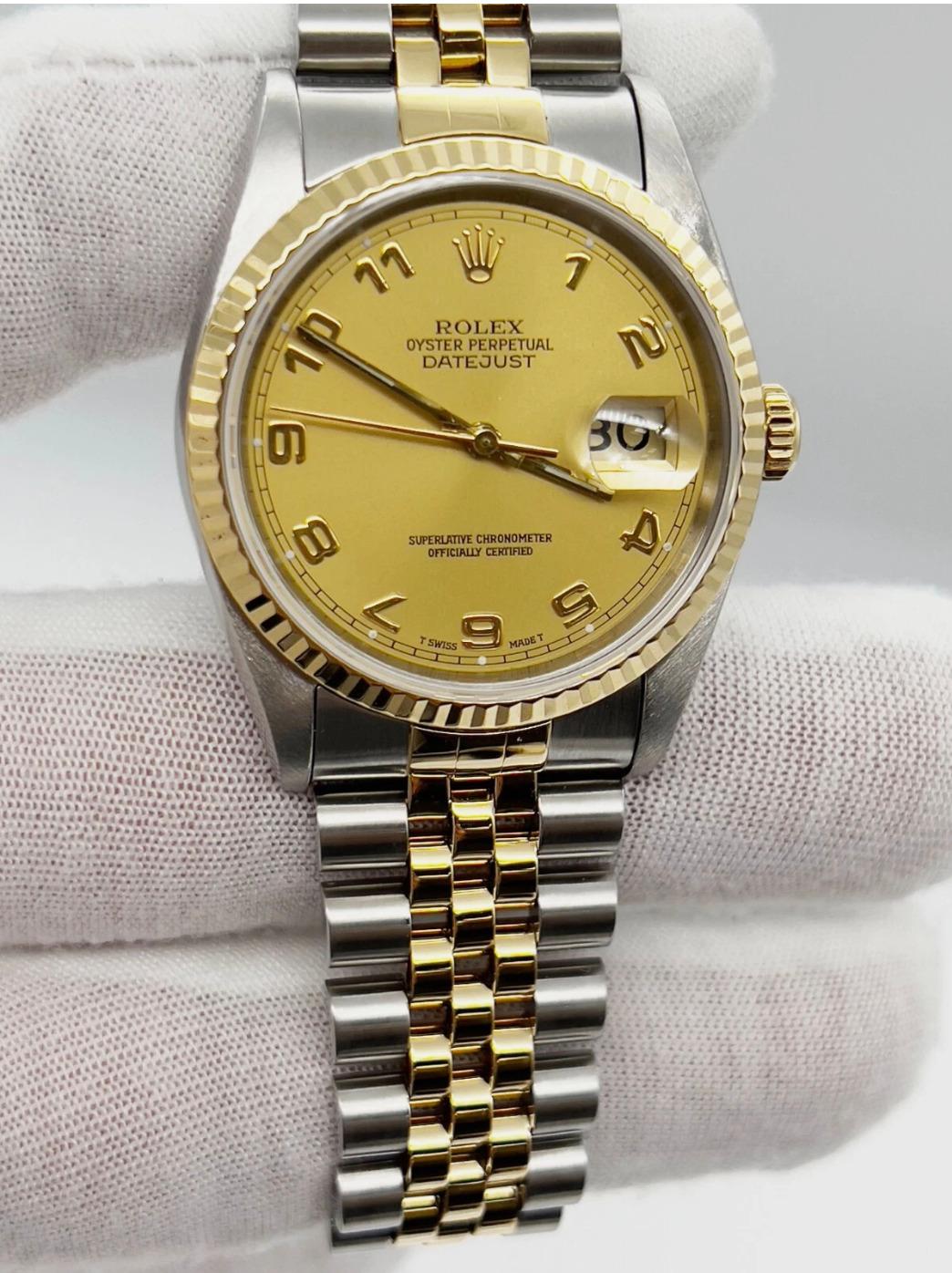 Rolex Datejust 16233 Champagner Arabisch Zifferblatt 18K Gelbgold Edelstahl Box Papiere im Angebot 1