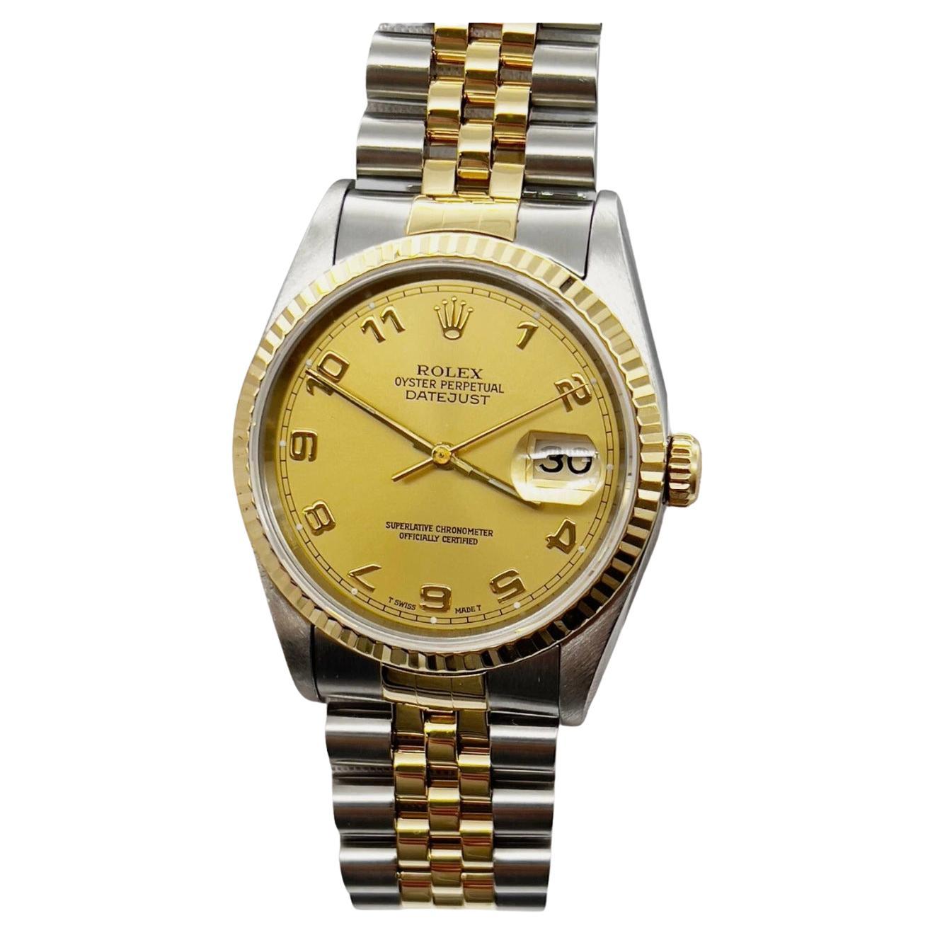 Rolex Datejust 16233 Champagner Arabisch Zifferblatt 18K Gelbgold Edelstahl Box Papiere im Angebot