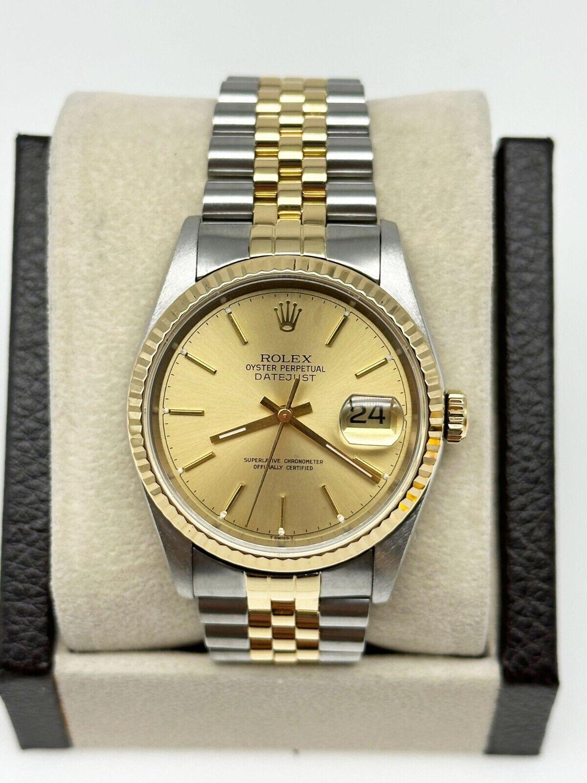 Style Number: 16233

Serial: T524***

Year: 1996

Model: Datejust

Case Material: Stainless Steel

Band: 18K Yellow Gold and Stainless Steel

Bezel: 18K Yellow Gold

Dial: Champagne

Face: Sapphire Crystal

Case Size: 36mm
 
Includes: 

-Elegant
