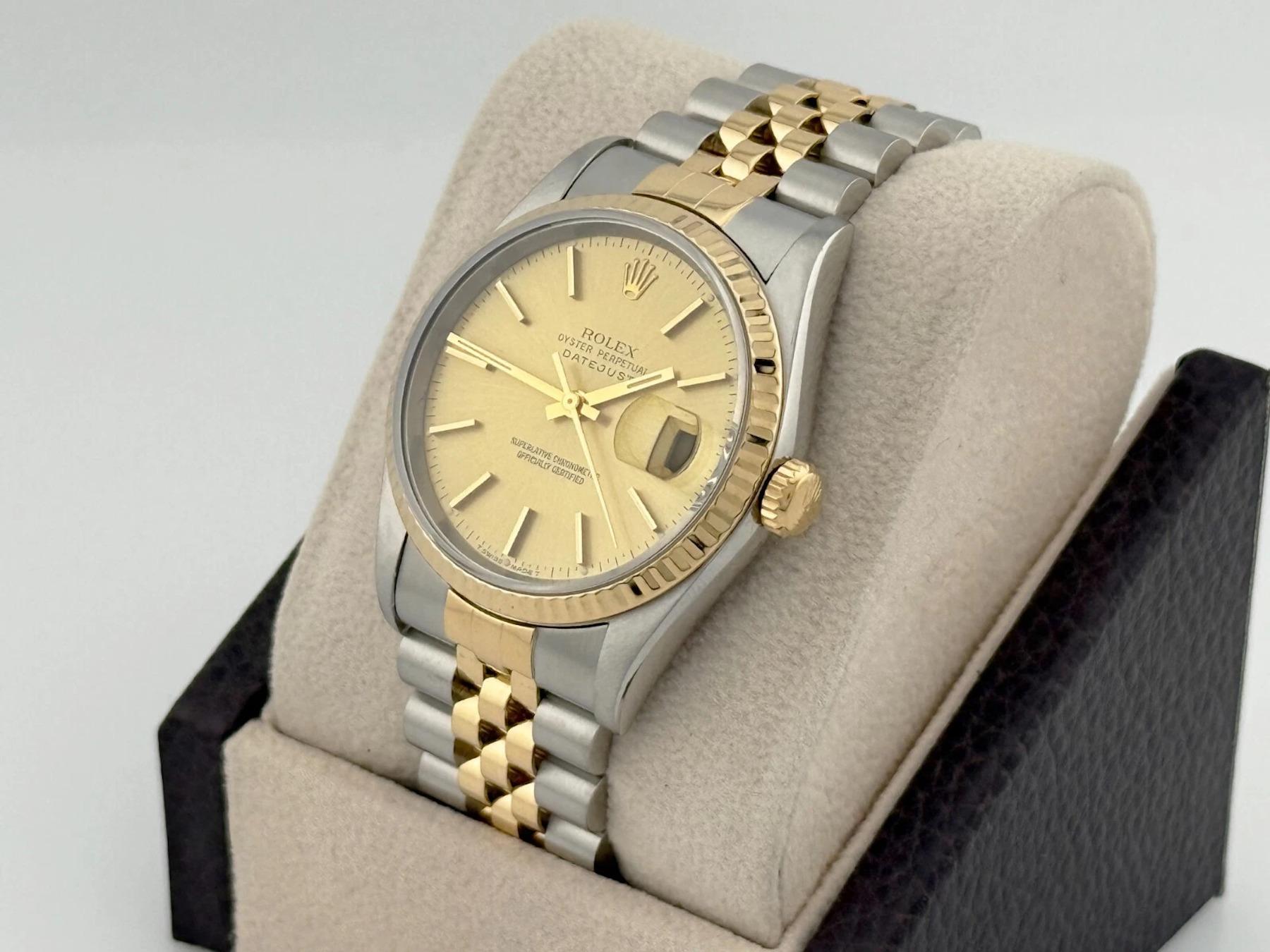 Men's Rolex Datejust 16233 Champagne Dial 18K Yellow Gold Steel Box Paper 36mm