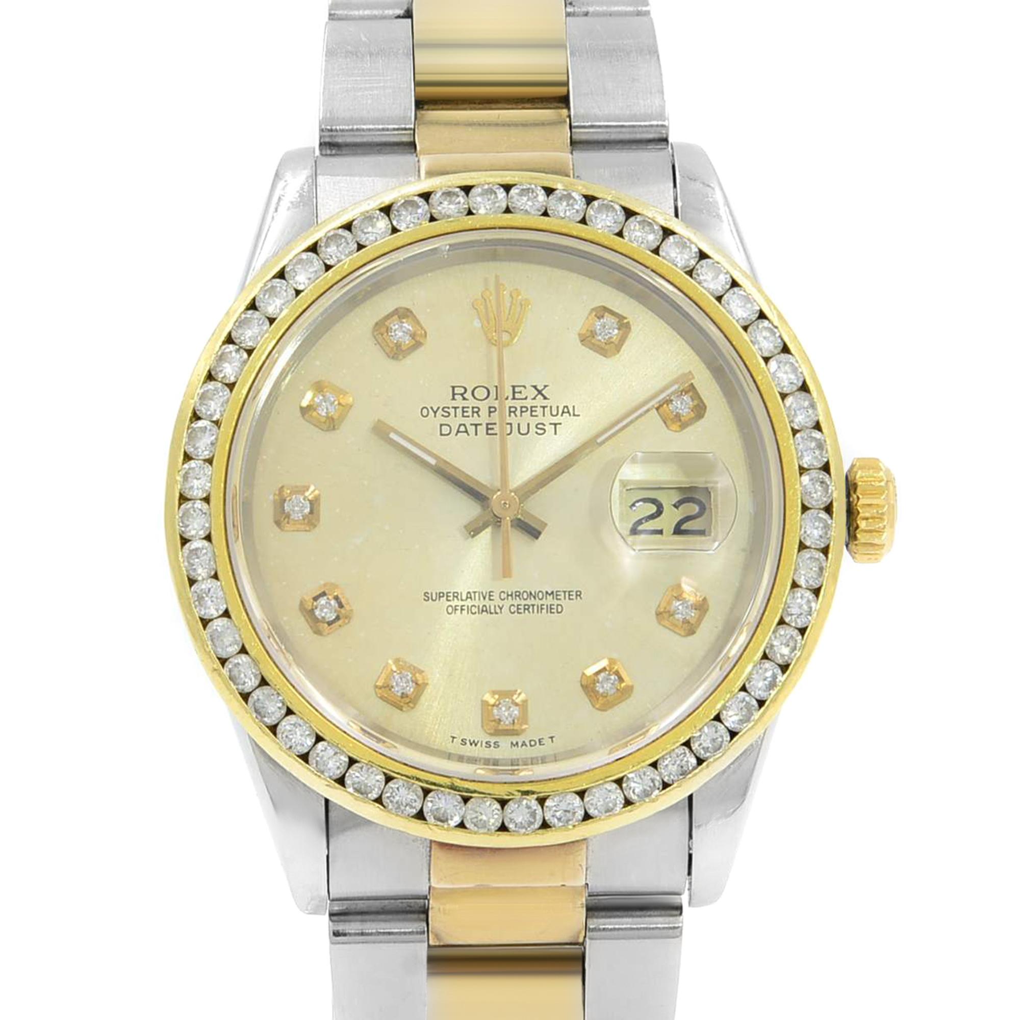 This pre-owned Rolex Datejust  16233  is a beautiful men's timepiece that is powered by an automatic movement which is cased in a stainless steel case. It has a round shape face, date dial and has hand diamonds style markers. It is completed with a