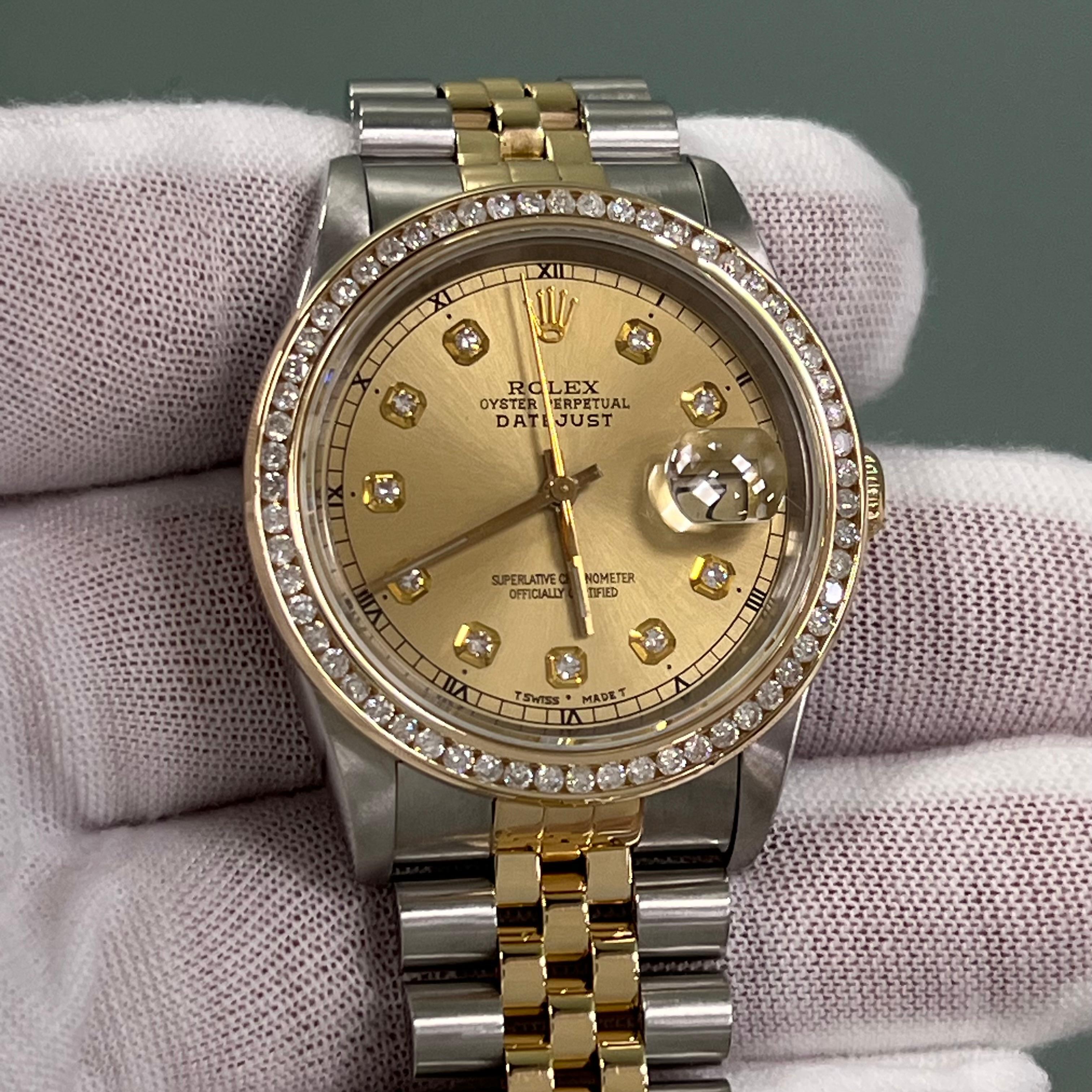 Rolex Datejust 16233 Champagne Diamond and Diamond Bezel 18K Yellow Gold Steel 6