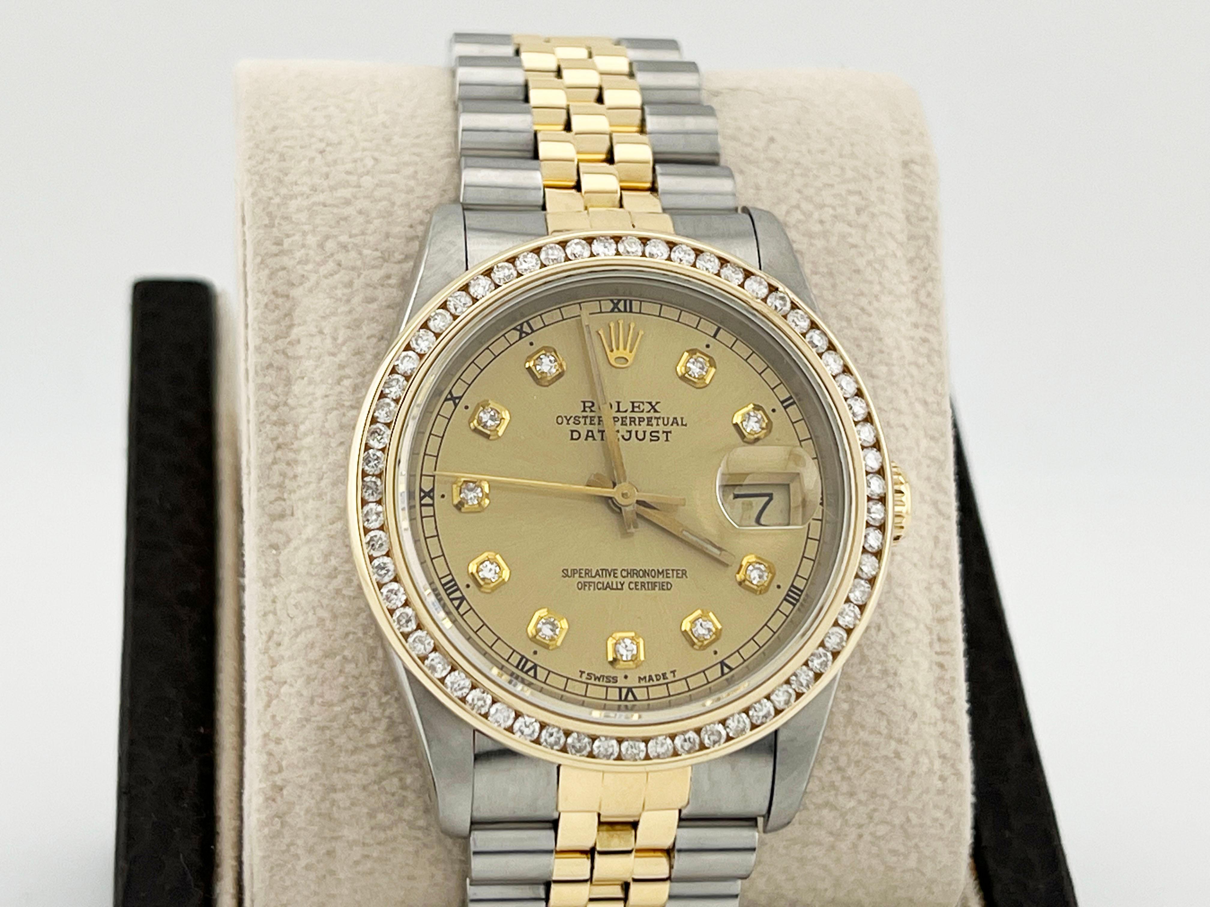Style Number: 16233

Serial: R884***

Year: 1988

Model: Rolex Datejust

Case Material: Stainless Steel 

Band: 18K Yellow Gold & Stainless Steel 

Bezel: Custom Diamond Bezel 

Dial: Custom Diamond Dial 

Face: Sapphire Crystal 

Case Size: 36mm