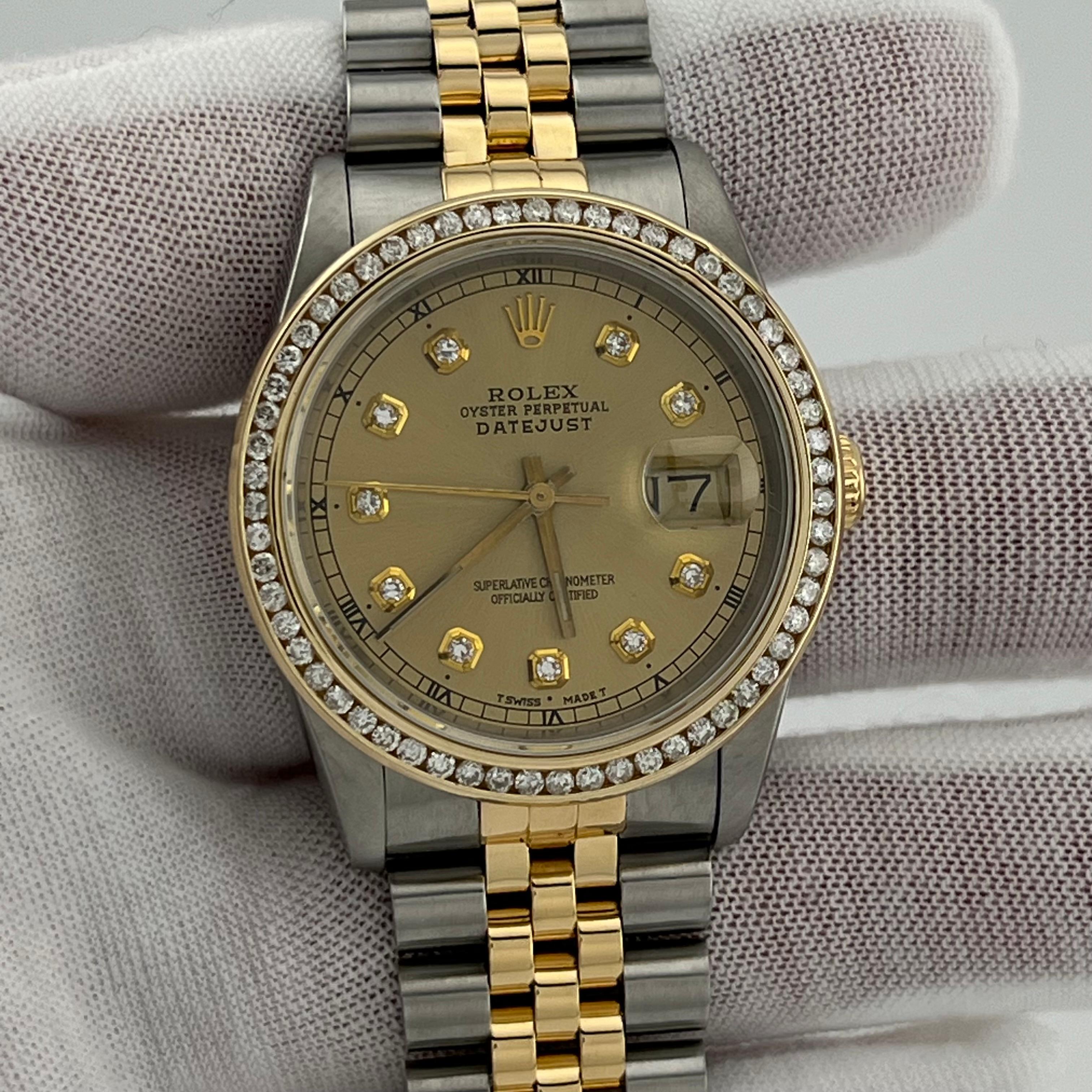 Men's Rolex Datejust 16233 Champagne Diamond and Diamond Bezel 18K Yellow Gold Steel