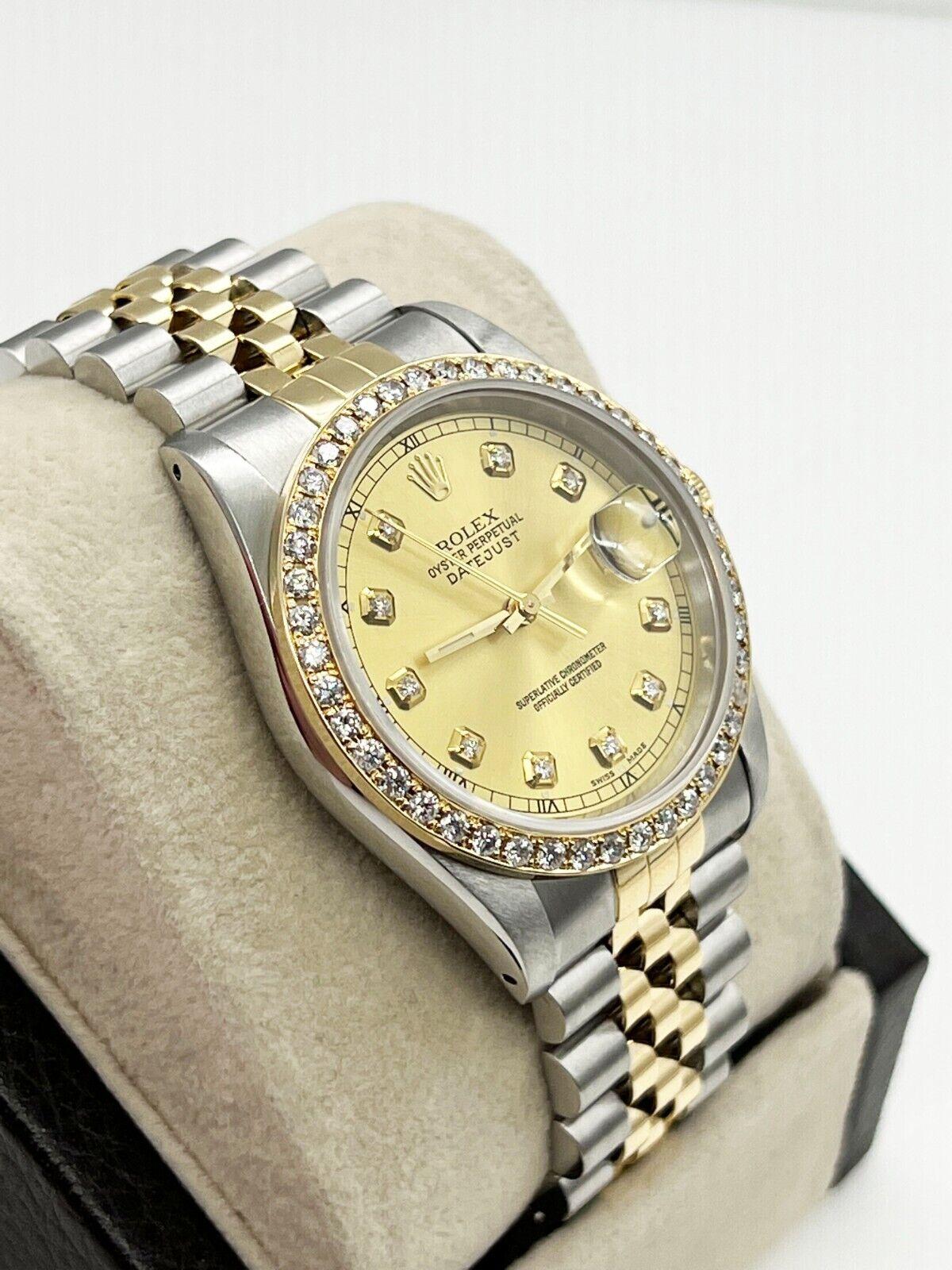 Style Number: 16233

Serial: R979***

Year: 1988 

Model: Datejust 

Case Material: Stainless Steel  

Band: 18K Yellow Gold & Stainless Steel  

Bezel: Custom Bezel  

Dial: Refinished Champagne Diamond Dial  

Face: Sapphire Crystal  

Case Size: