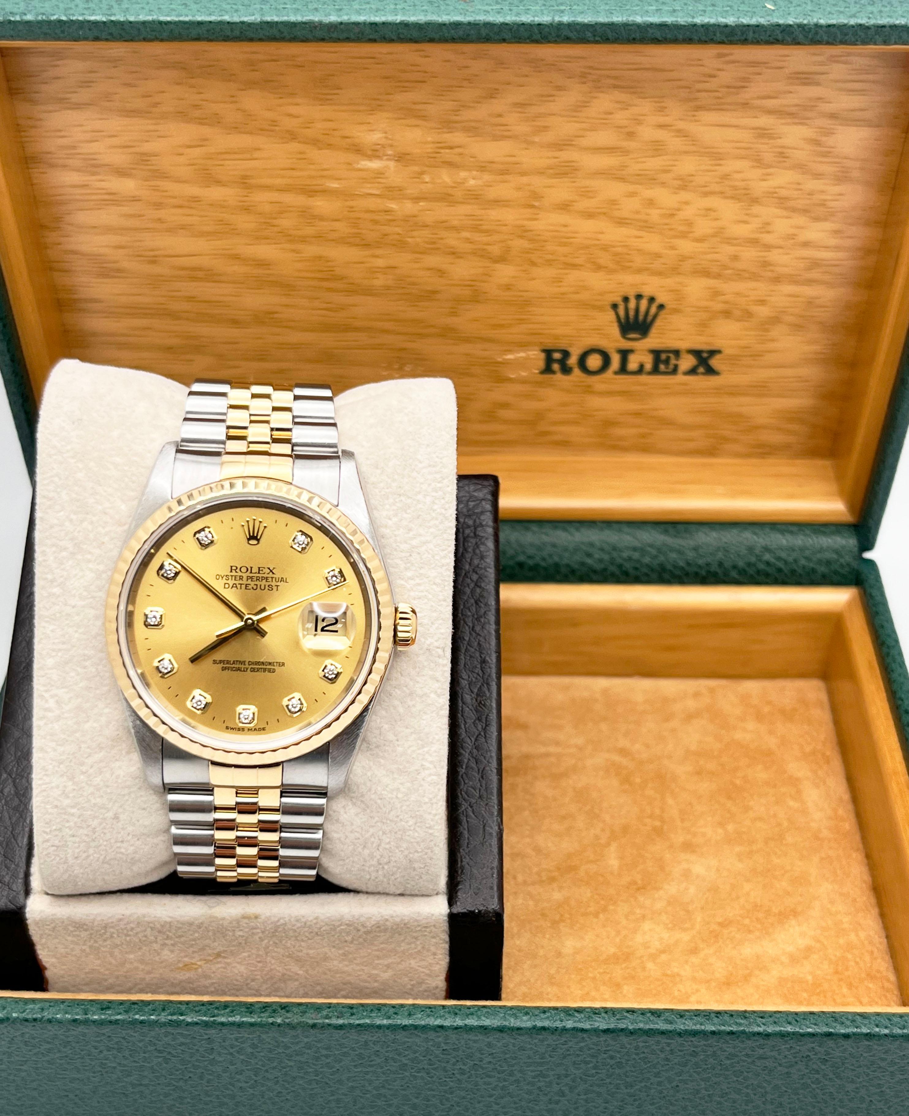 Rolex Datejust 16233 Champagner Fabrik Diamant-Zifferblatt 18K Gold & Stahl Box Papiere im Zustand „Hervorragend“ in San Diego, CA