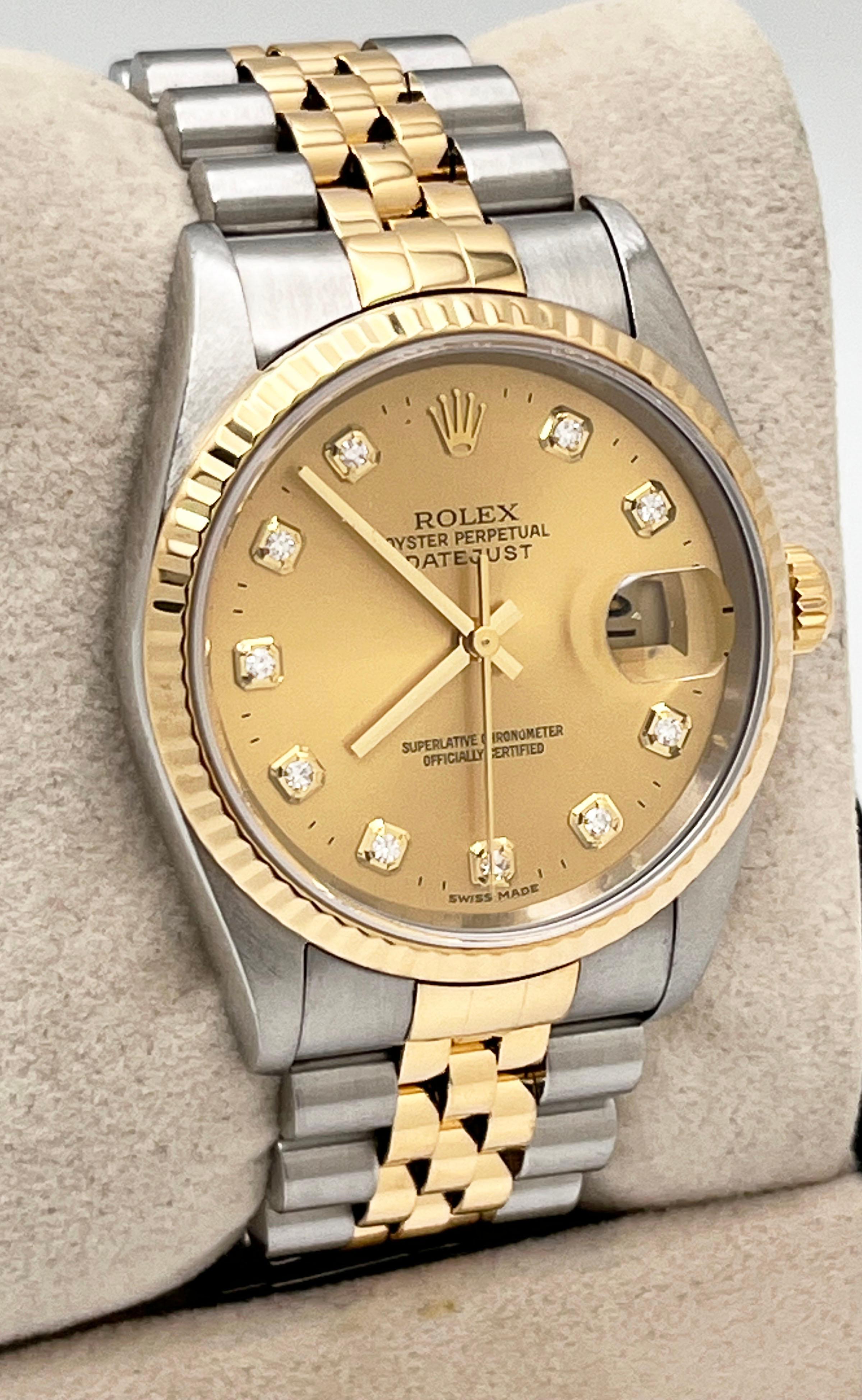 Rolex Datejust 16233 Champagner Fabrik Diamant-Zifferblatt 18K Gold & Stahl Box Papiere für Damen oder Herren