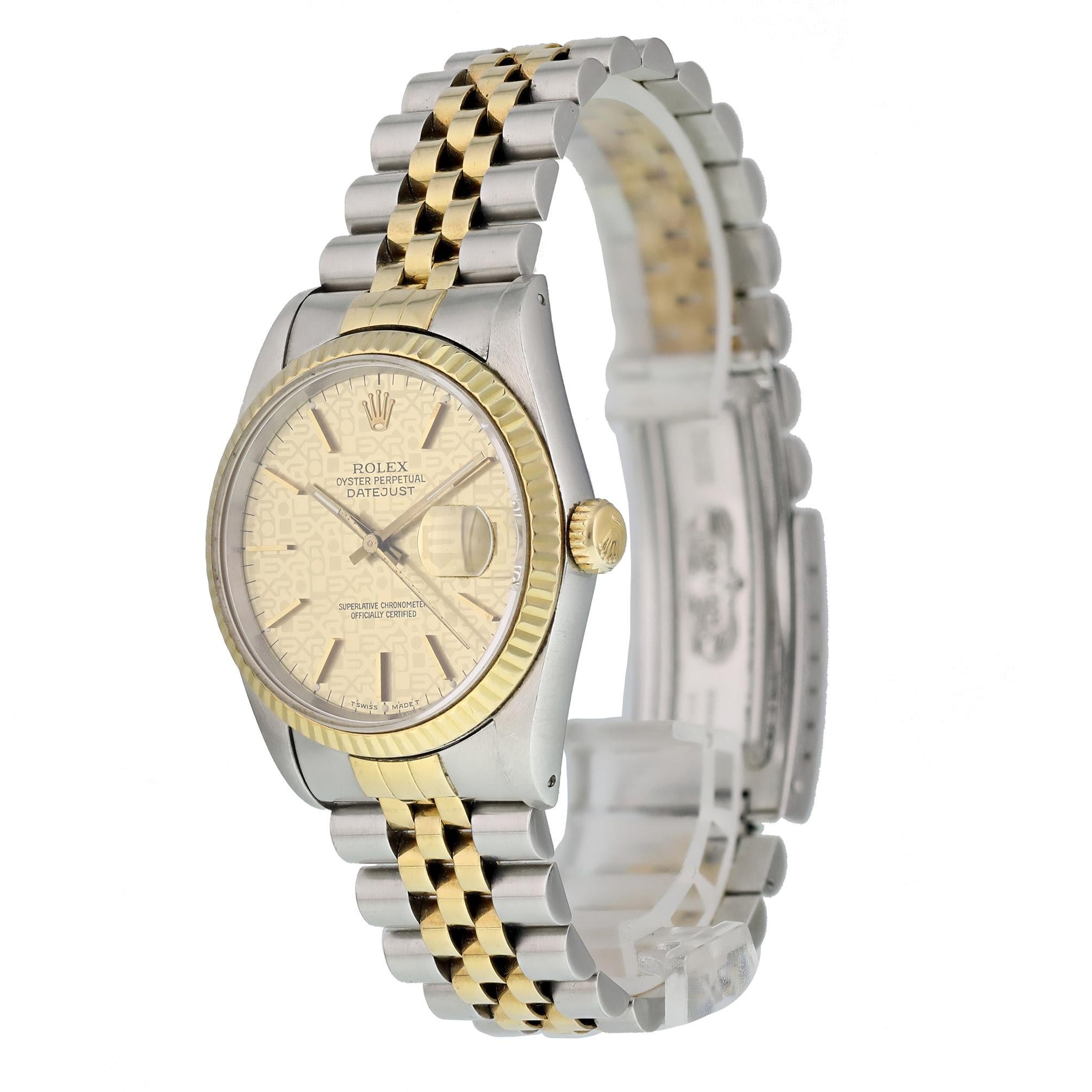 Rolex Datejust 16233 Mens Watch. 
36mm Stainless Steel case. 
Yellow Gold fluted bezel. 
Champagne jubilee dial with Luminous gold hands and index hour markers. 
Minute markers on the outer dial. 
Date display at the 3 o'clock position. 
Two Tone