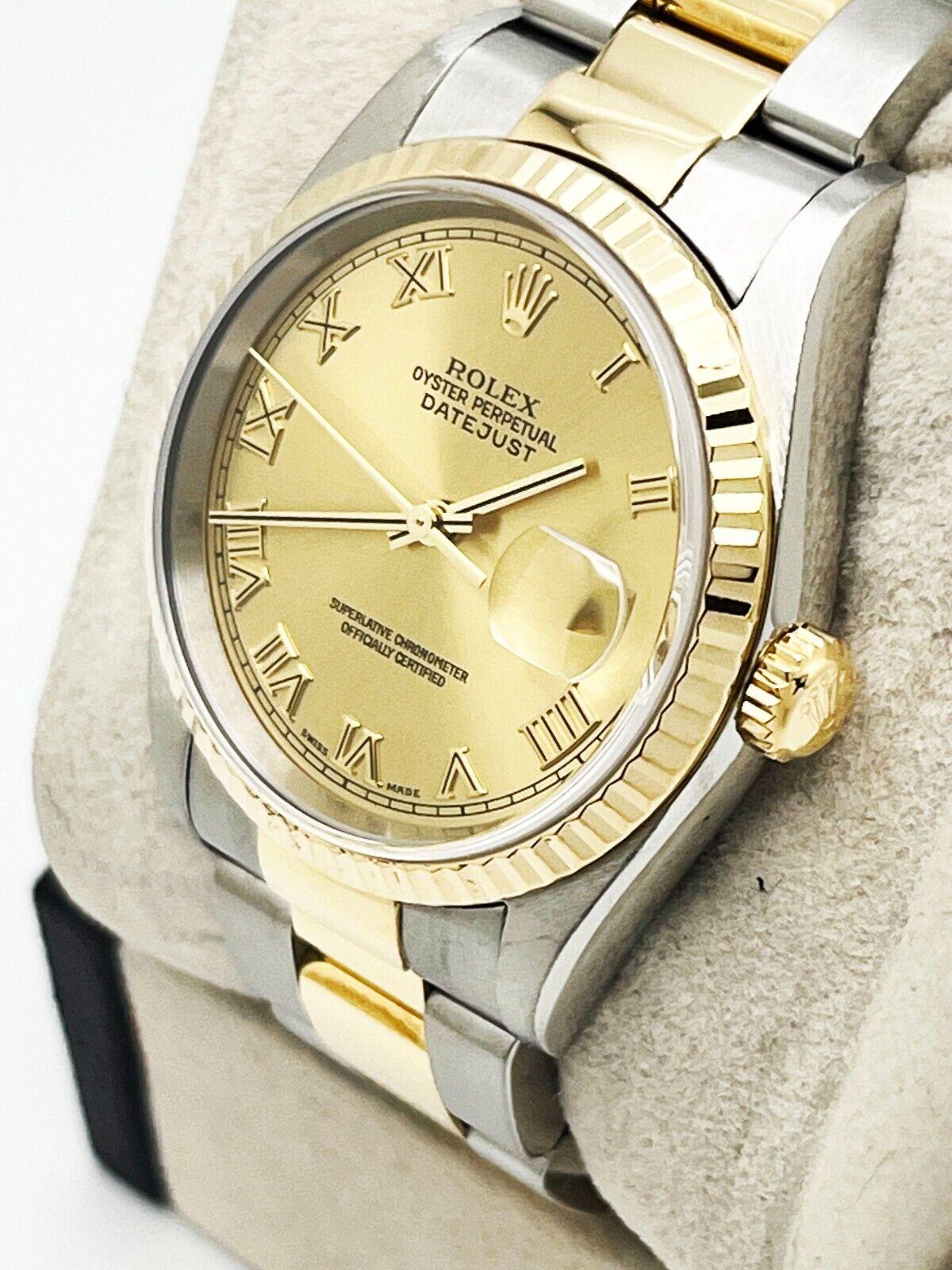 Stil Nummer: 16233



Seriennummer: P651***



Jahr: 2000

 

Modell: Datejust

 

MATERIAL des Gehäuses: Rostfreier Stahl

 

Band: 18K Gelbgold & Edelstahl

 

Lünette: 18K Gelbgold

 

Zifferblatt: Champagner 

 

Gesicht: Saphirglas

