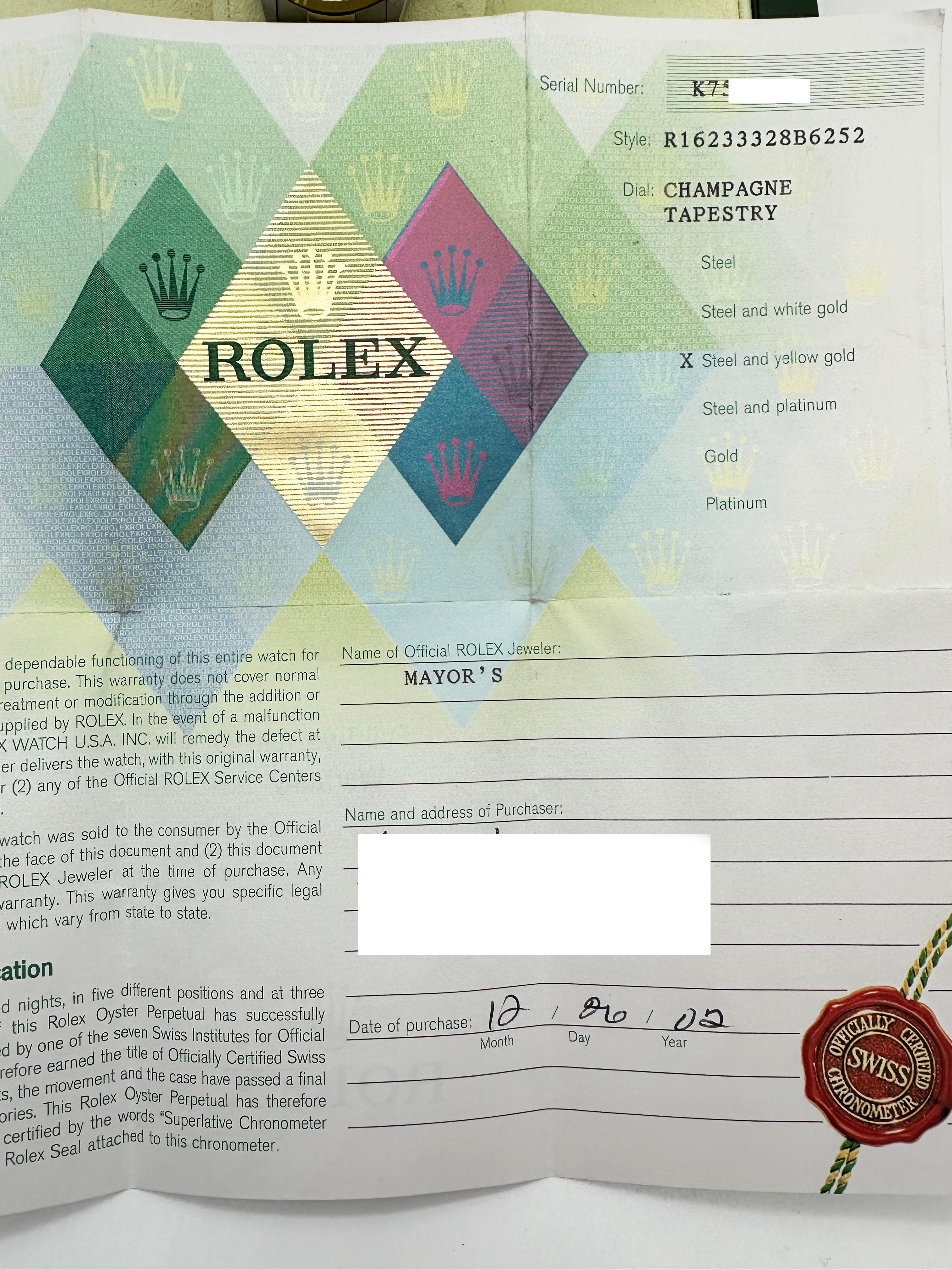 Rolex Datejust 16233 Champagner-Wandteppich Zifferblatt 18K Gold Stahl Box Papier 2002 im Zustand „Hervorragend“ in San Diego, CA