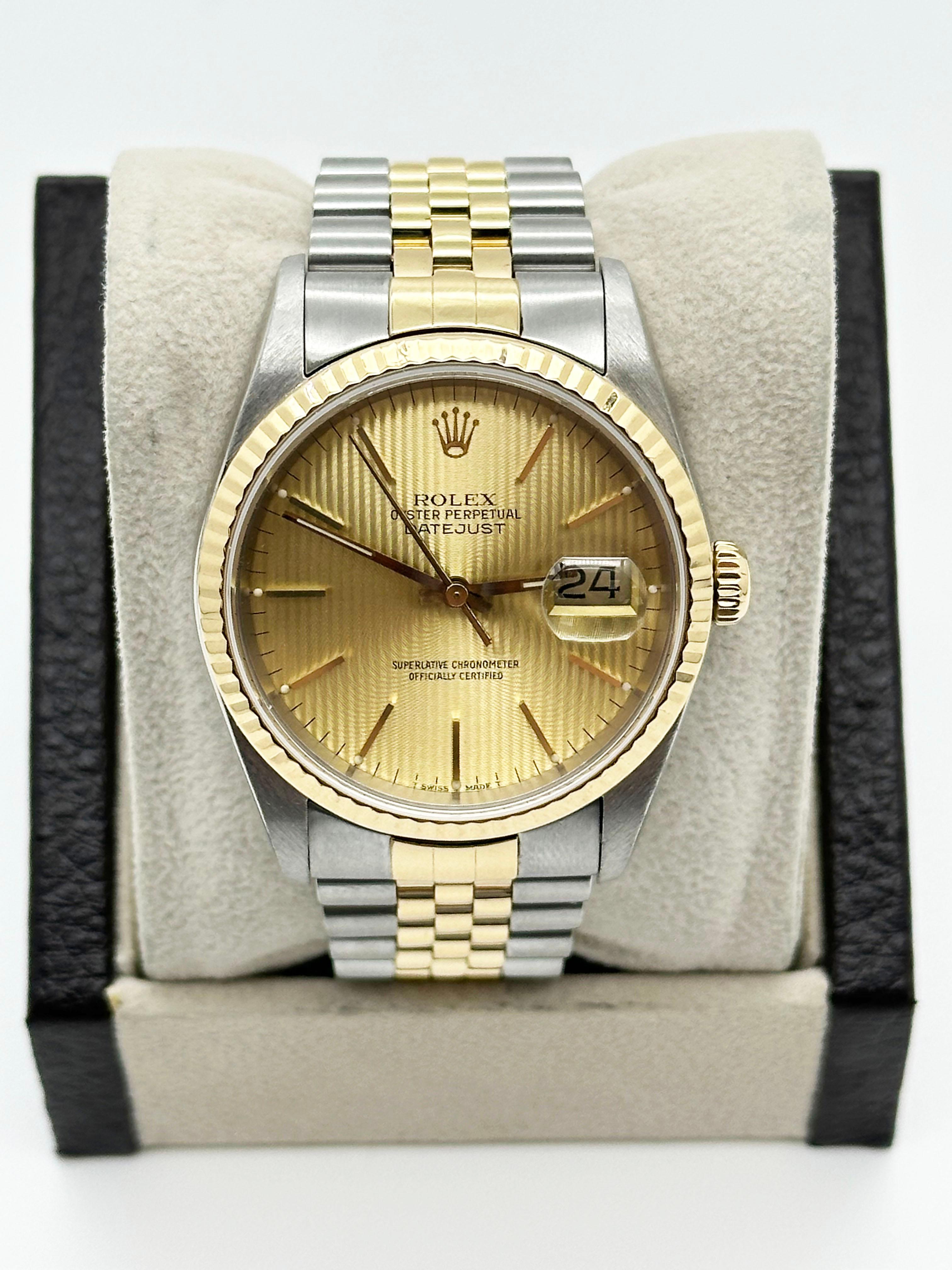 Rolex Datejust 16233 Champagner-Wandteppich Zifferblatt 18K Gold Stahl Box Papier 2002 für Damen oder Herren