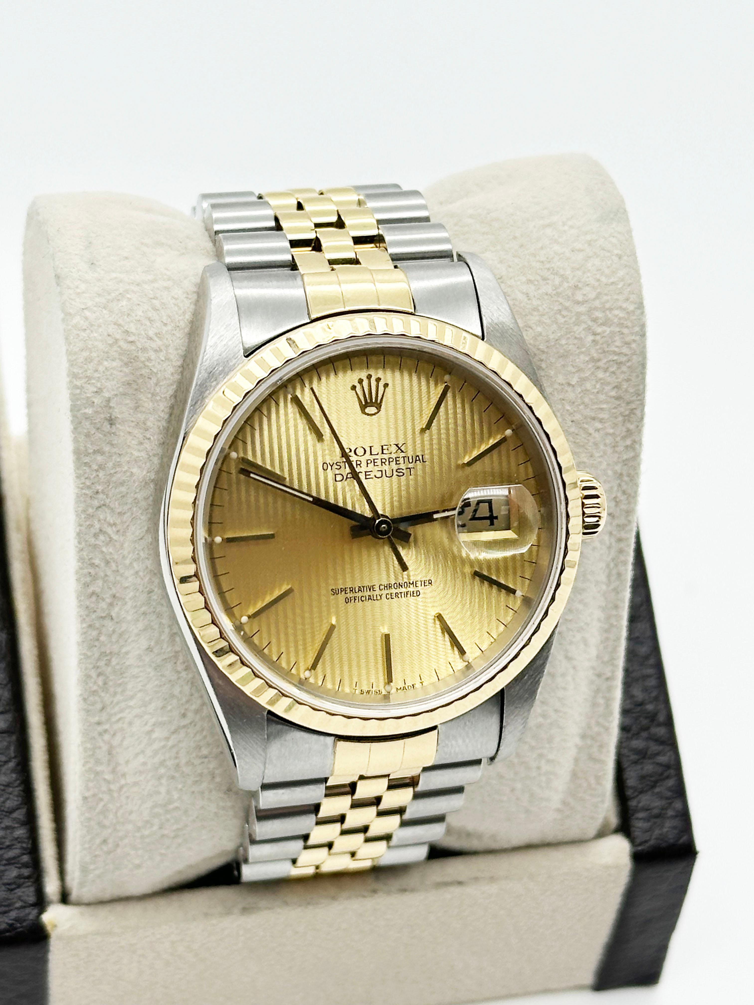 Rolex Datejust 16233 Champagner-Wandteppich Zifferblatt 18K Gold Stahl Box Papier 2002 1