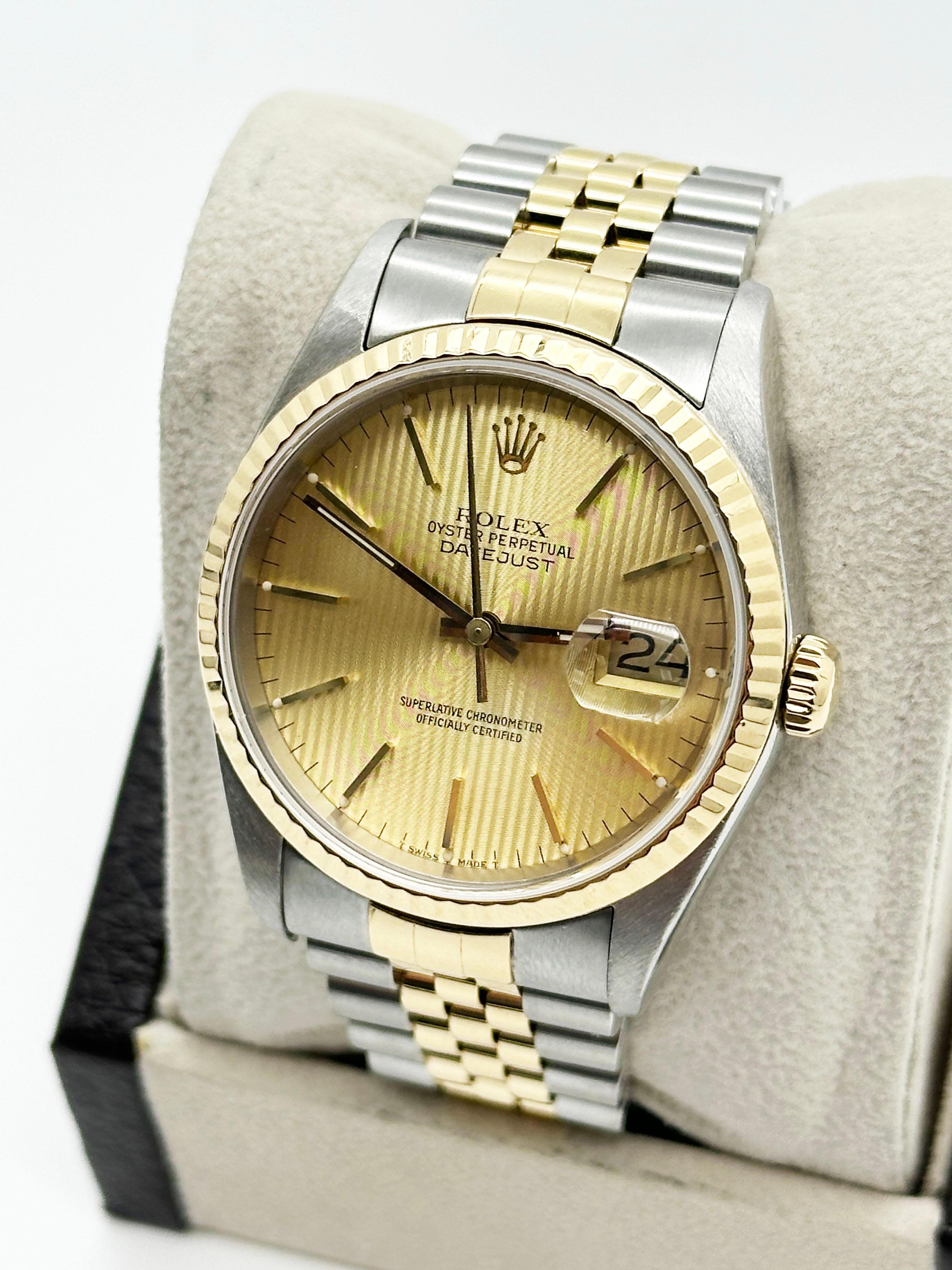 Rolex Datejust 16233 Champagner-Wandteppich Zifferblatt 18K Gold Stahl Box Papier 2002 2