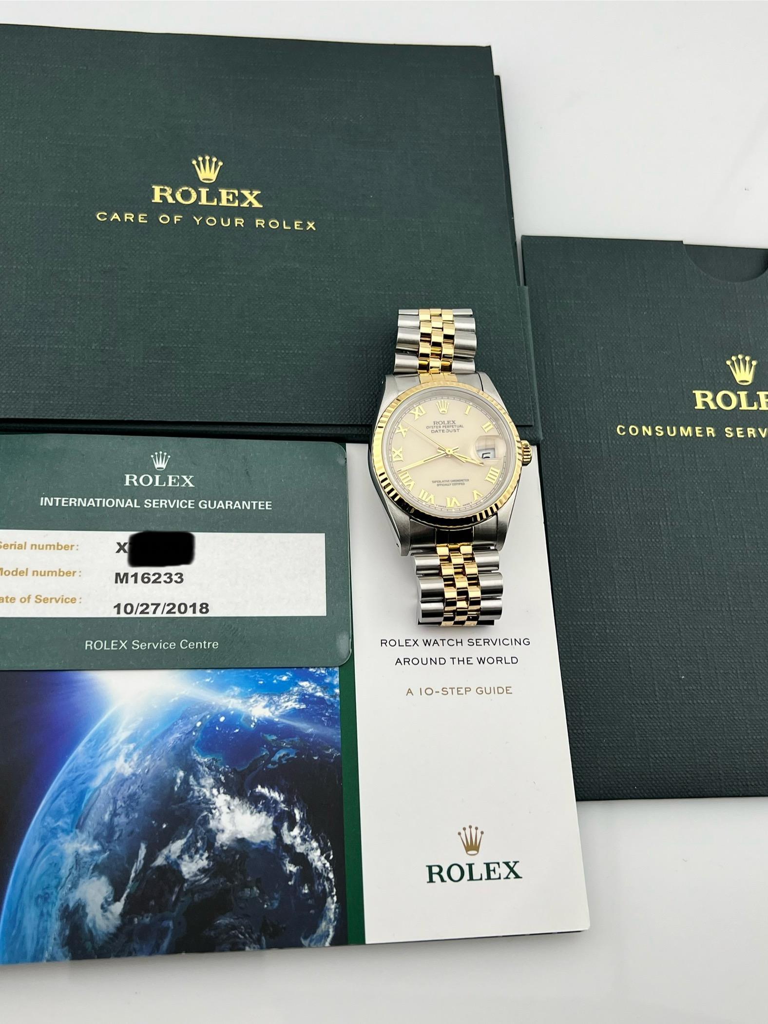 Men's Rolex Datejust 16233 Cream Roman Dial 18k Gold Steel Box Service Paper