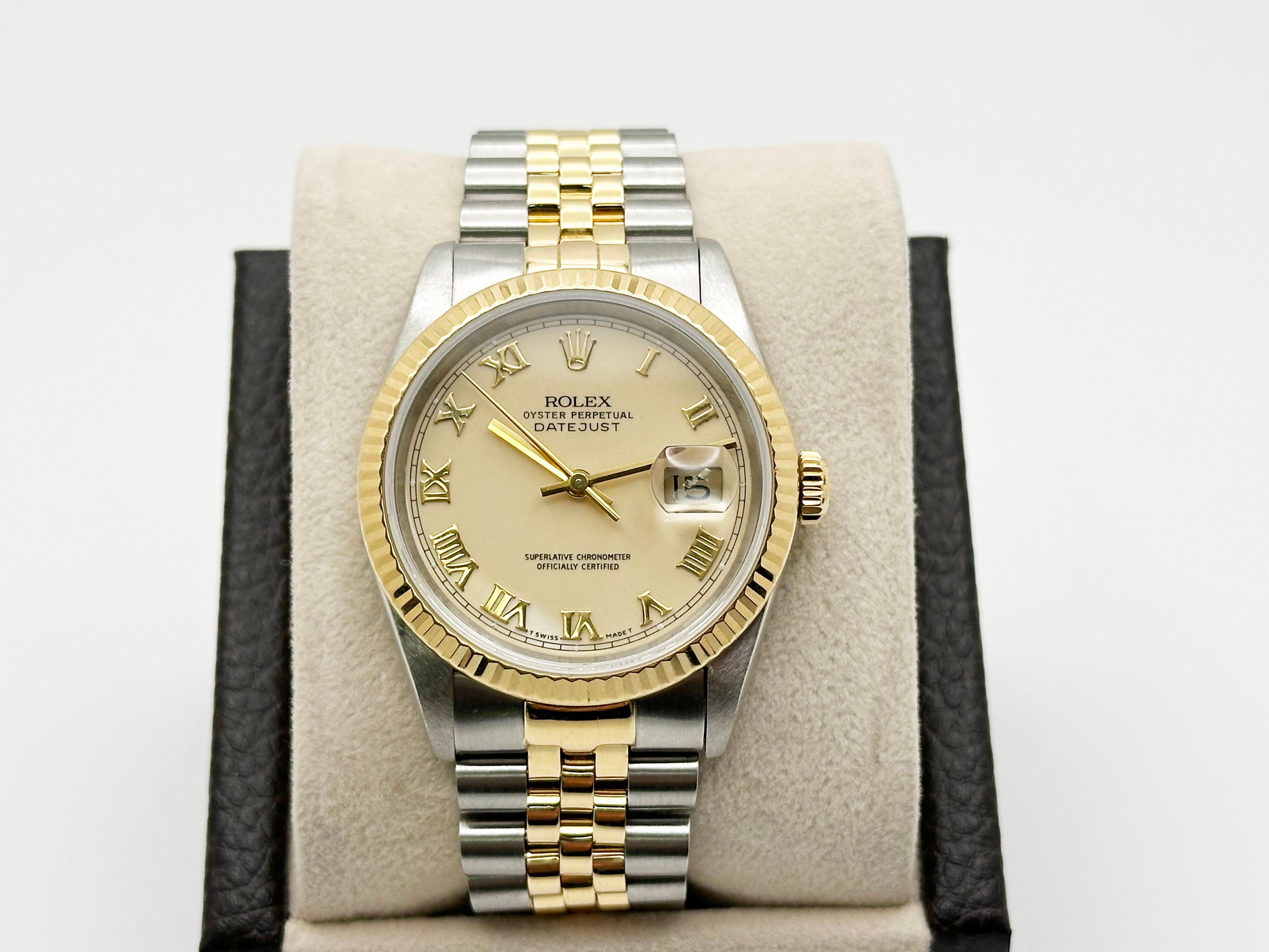 Rolex Datejust 16233, cadran romain crème en or jaune 18 carats et acier inoxydable 36 mm Excellent état - En vente à San Diego, CA