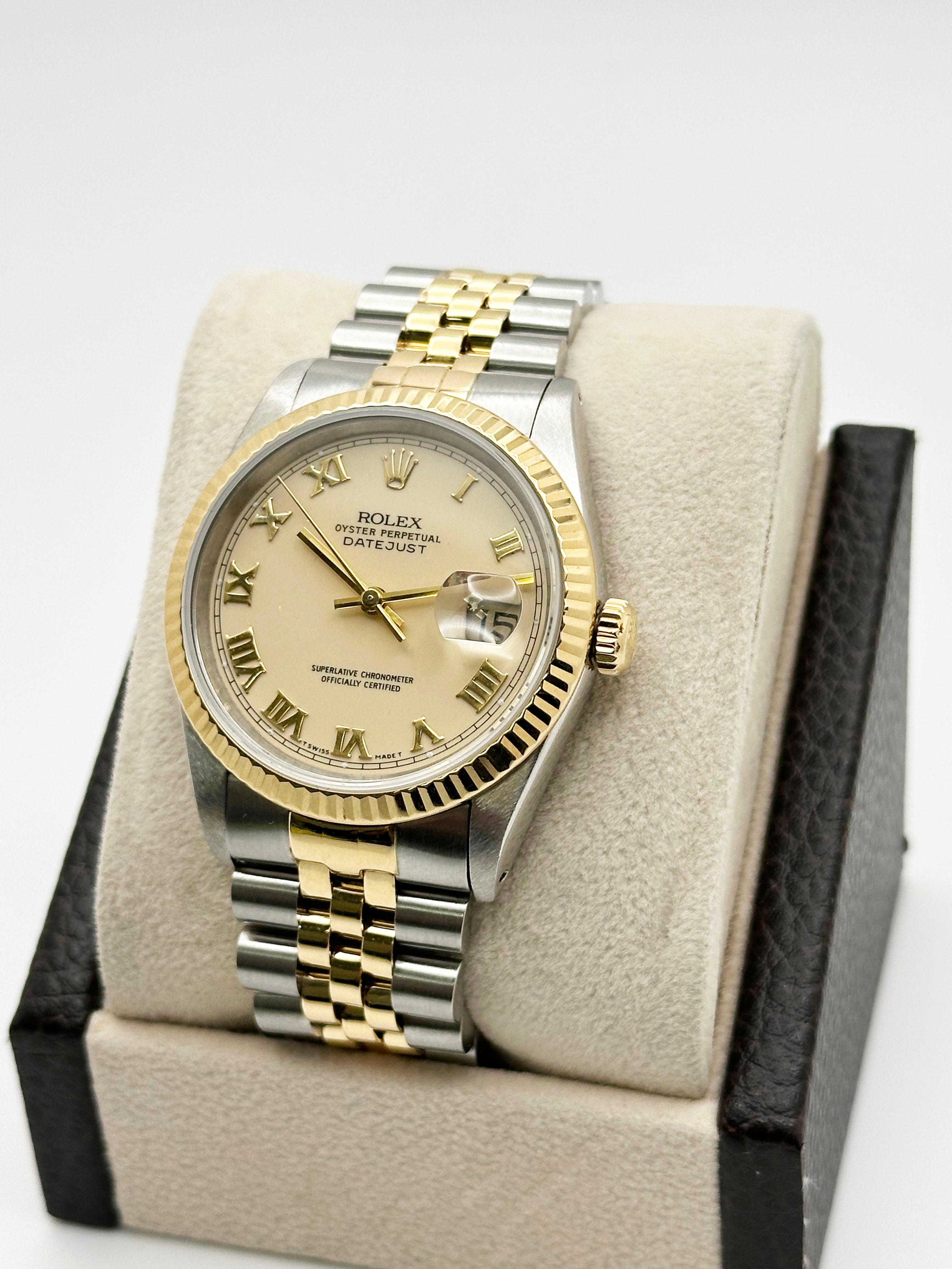 Rolex Datejust 16233, cadran romain crème en or jaune 18 carats et acier inoxydable 36 mm Pour hommes en vente