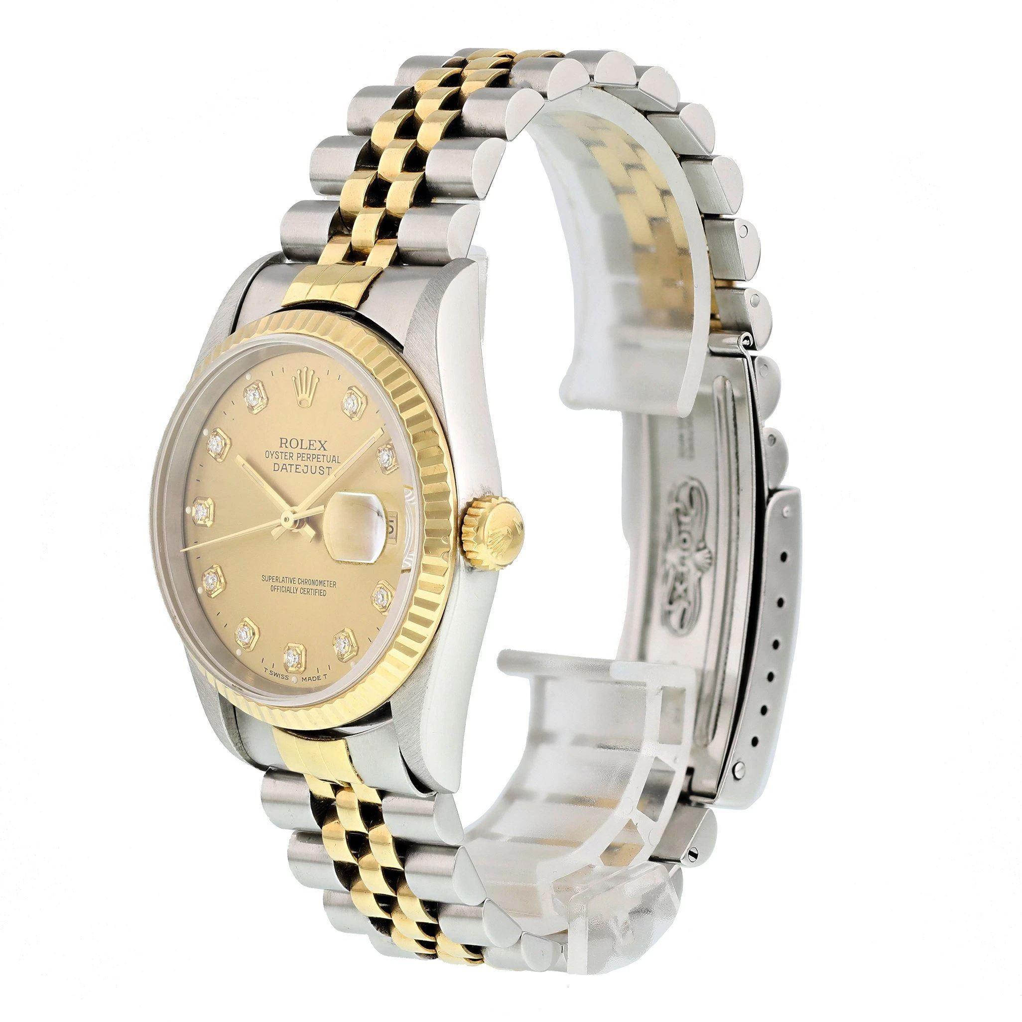 Rolex Datejust 16233 Diamond Dial Mens Watch.
36mm Stainless Steel case. 
Yellow Gold Stationary bezel. 
Champagne dial with gold hands and factory set diamond hour markers. 
Minute markers on the outer dial. 
Date display at the 3 o'clock position.