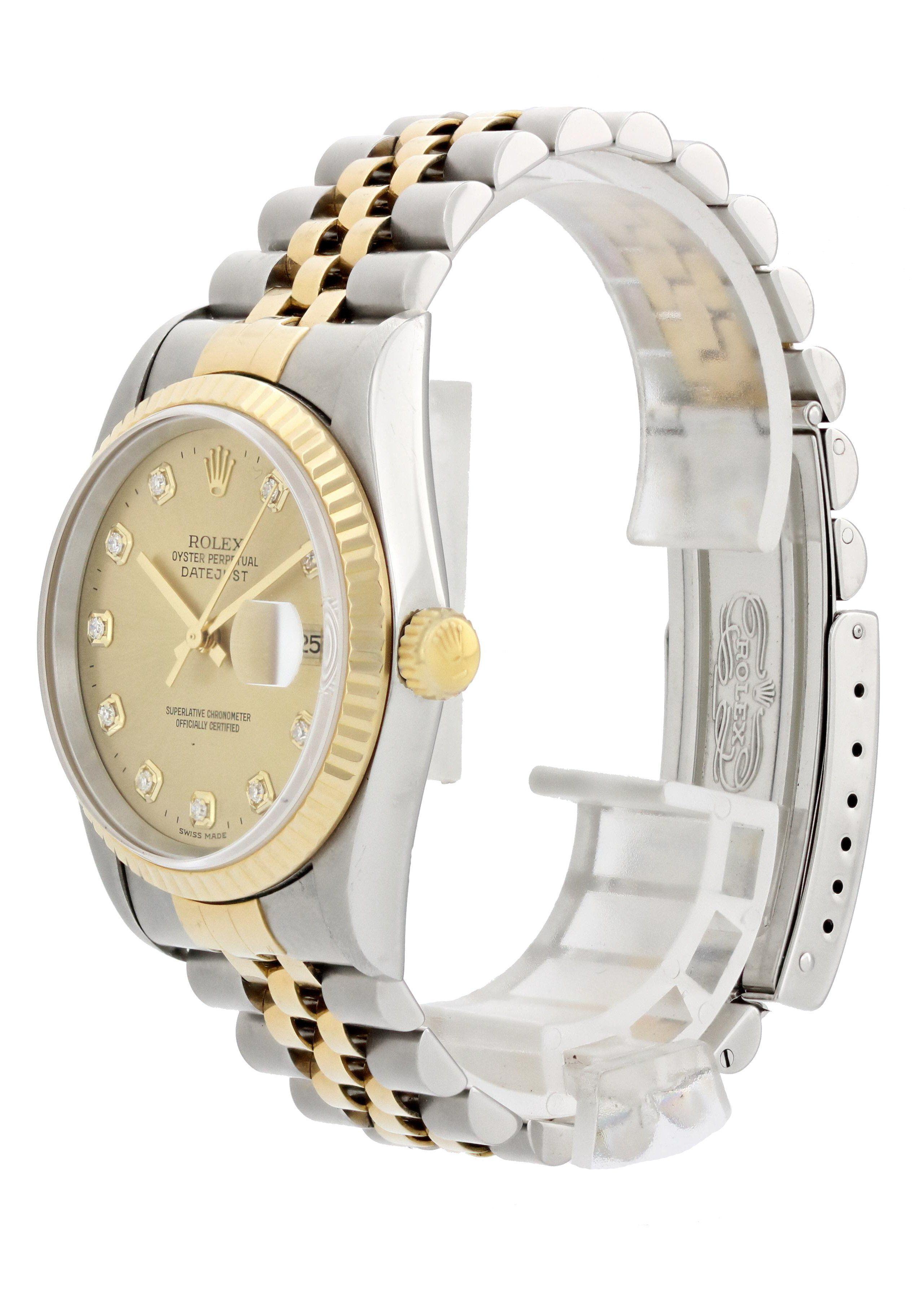 Rolex Datejust 16233 Men's Watch. 
36mm Stainless Steel case. 
Fluted Yellow Gold Stationary bezel. 
Champagne dial with gold hands and factory set diamond hour markers. 
Minute markers on the outer dial. 
Date display at the 3 o'clock position.