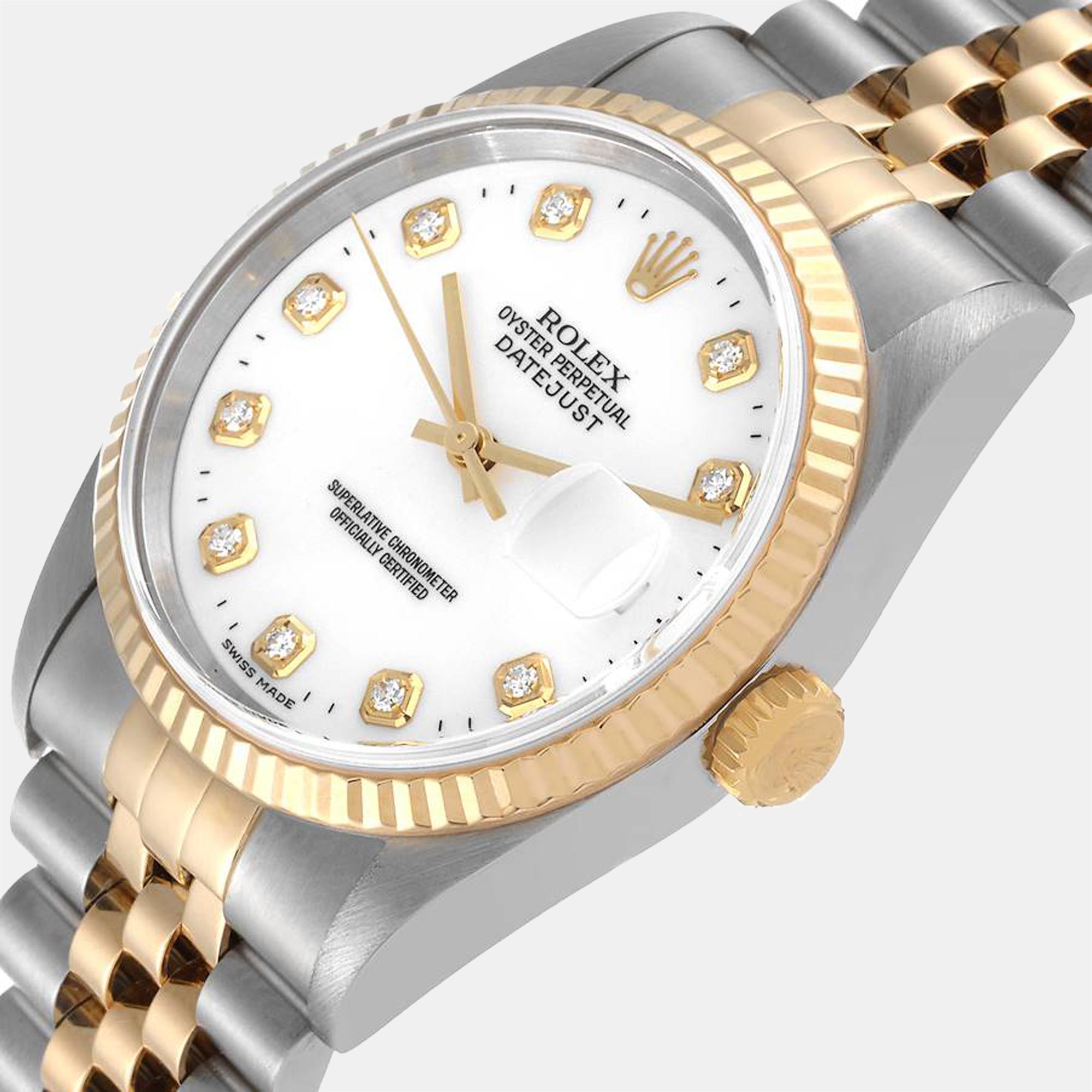 Brand: Rolex
Model Name: Datejust
Model Number: 16233
Movement: Mechanical Automatic
Case Size: 36 mm
Case Material: Yellow Gold & Stainless Steel
Bracelet: Jubilee
Dial: White with Diamond Hour Markers
Year: X Serial - 1991
Condition: Good