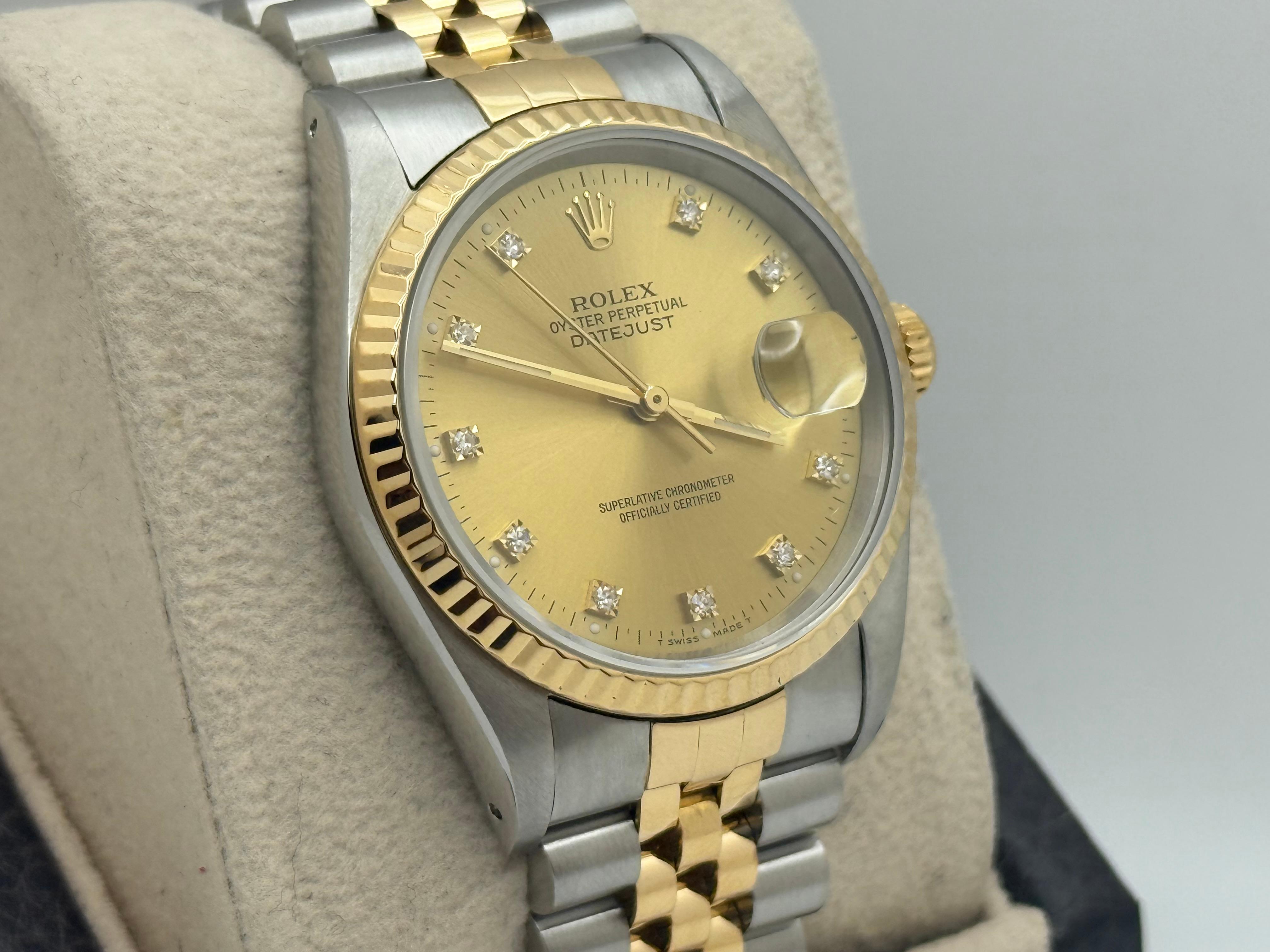 Taille ronde Rolex Datejust 16233 Factory Champagne Diamond Dial 18K Yellow gold Steel 36mm en vente